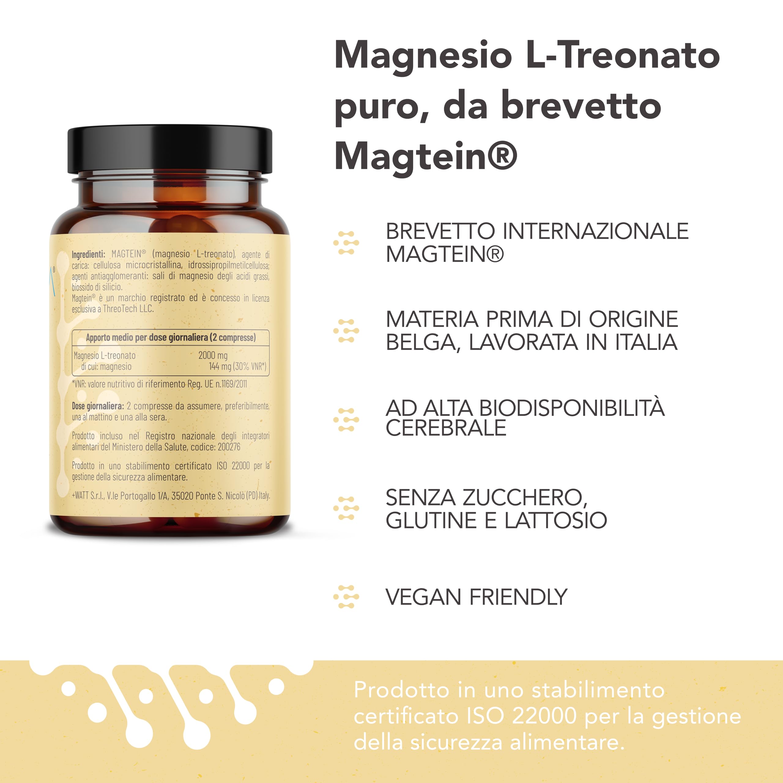 NOVIQA Magnesio L-Treonato Magtein® 2000 mg, 60 Compresse, Integratore Magtein Magnesio Treonato Puro ad Alta Biodisponibilità, Concentrazione, Memoria, Riduzione Stanchezza Mentale, Vegan