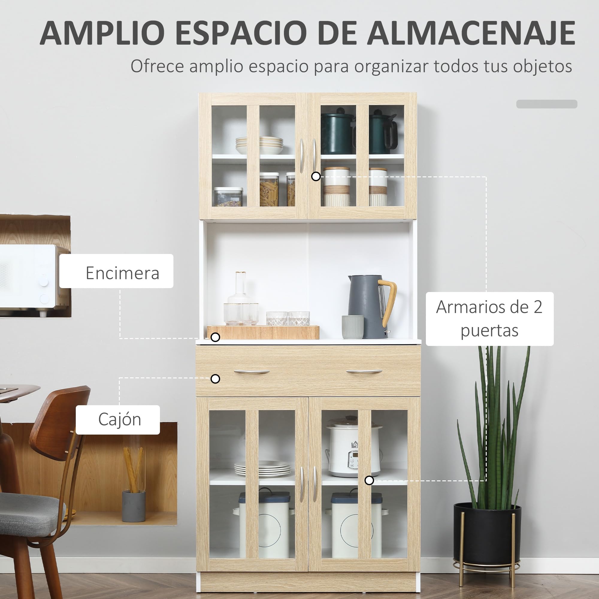 HOMCOM Alacena de Cocina Alta, Mueble Auxiliar de Cocina, con 4 Puertas de Vidrio, Encimera Abierta para Microondas, Cajón, Estantes Ajustables, 80x40x180 cm, Blanco y Natural