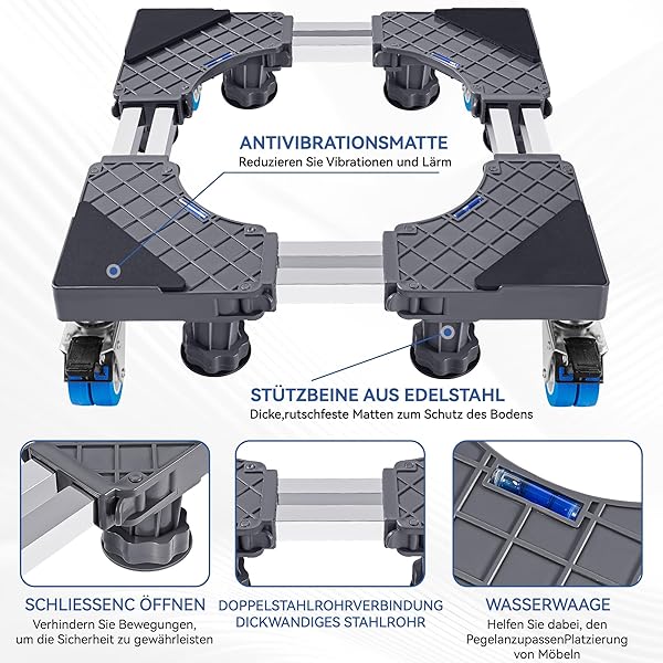 Base universale per lavatrice: base regolabile per lavatrice, asciugatrice, frigorifero da 45-68 cm (tubo d'acciaio a doppio strato + 4 ruote + 8 piedi (400 kg)) - 2