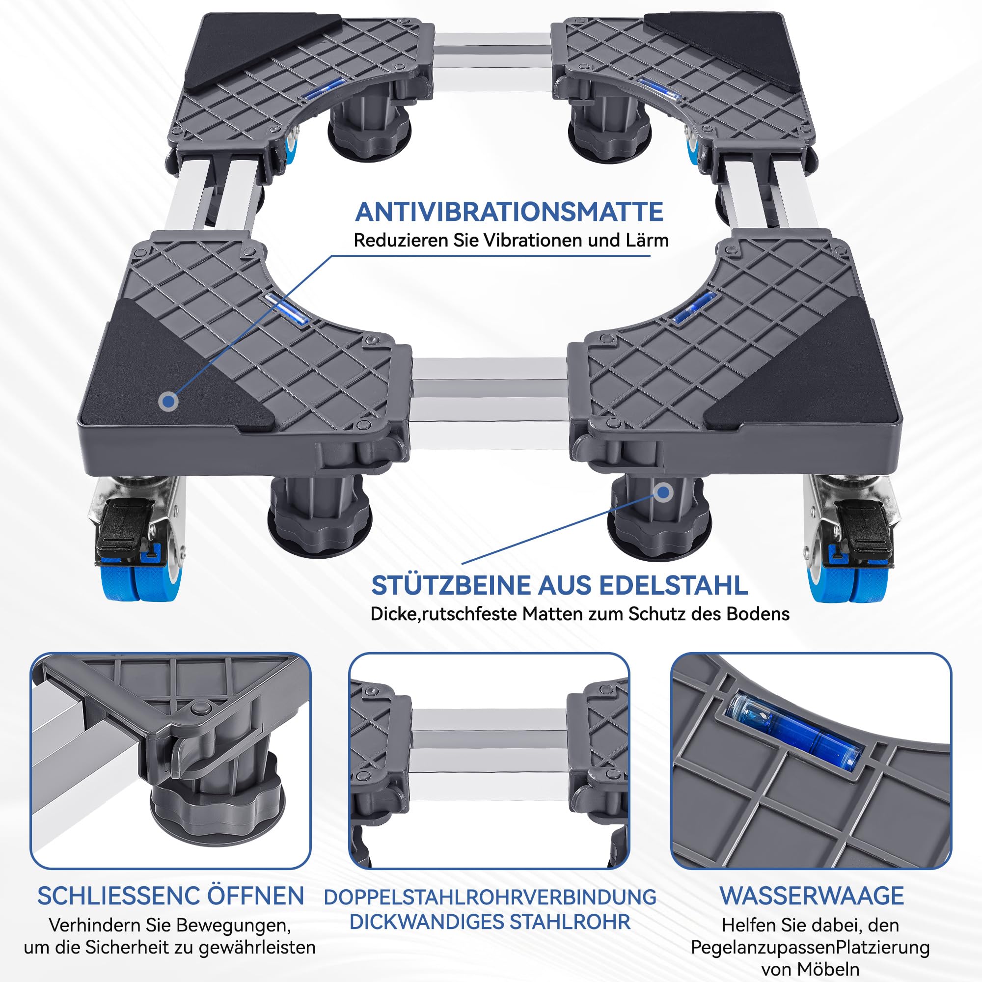 Base universale per lavatrici: base regolabile per 45-68 cm lavatrice asciugatrice frigorifero (tubo in acciaio a doppio strato+4 ruote+8 piedi (400 kg)) - 3