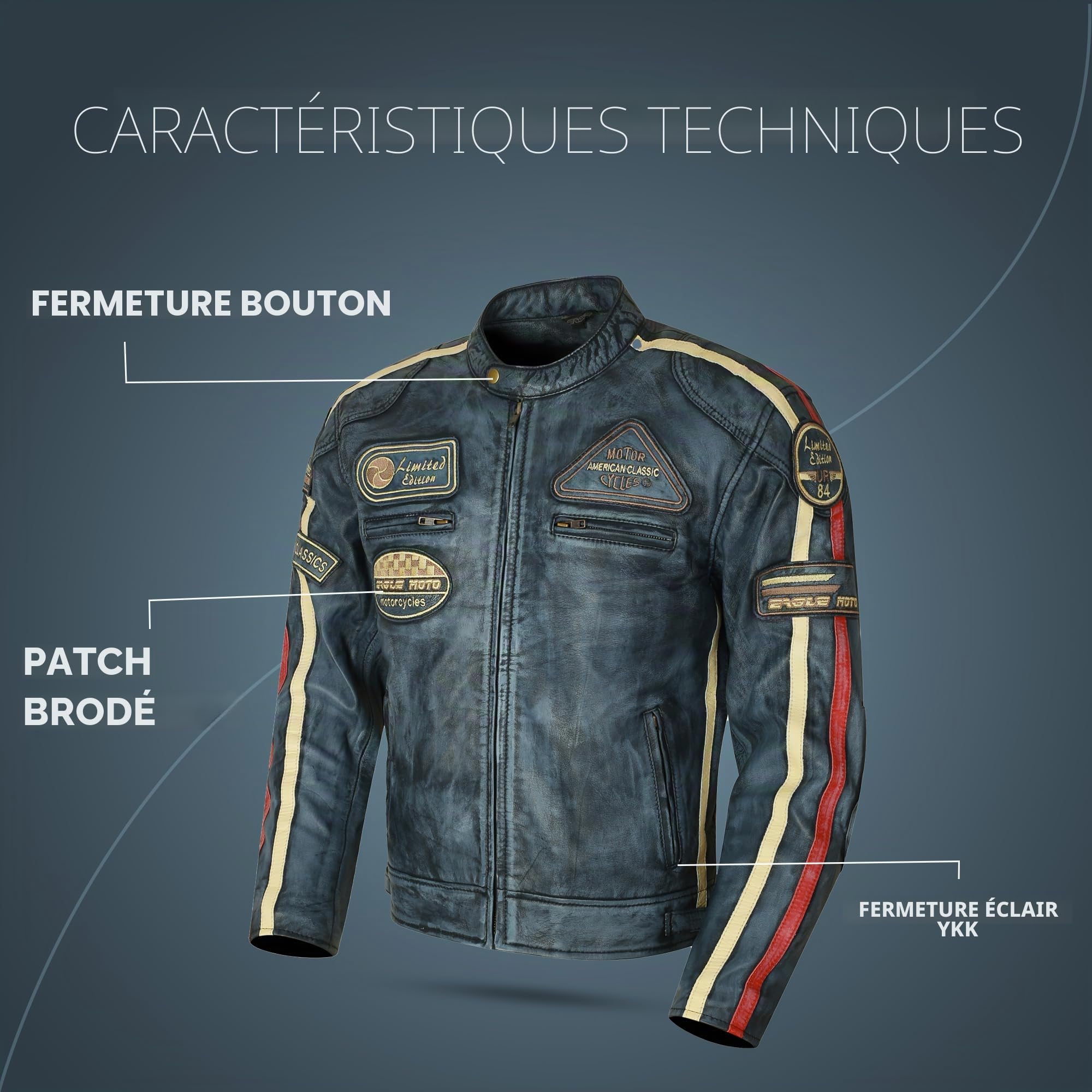 Générique Veste moto en cuir d'agneau pour homme Style Café Racer et Harley Custom Cirage vintage à la main avec certification CE