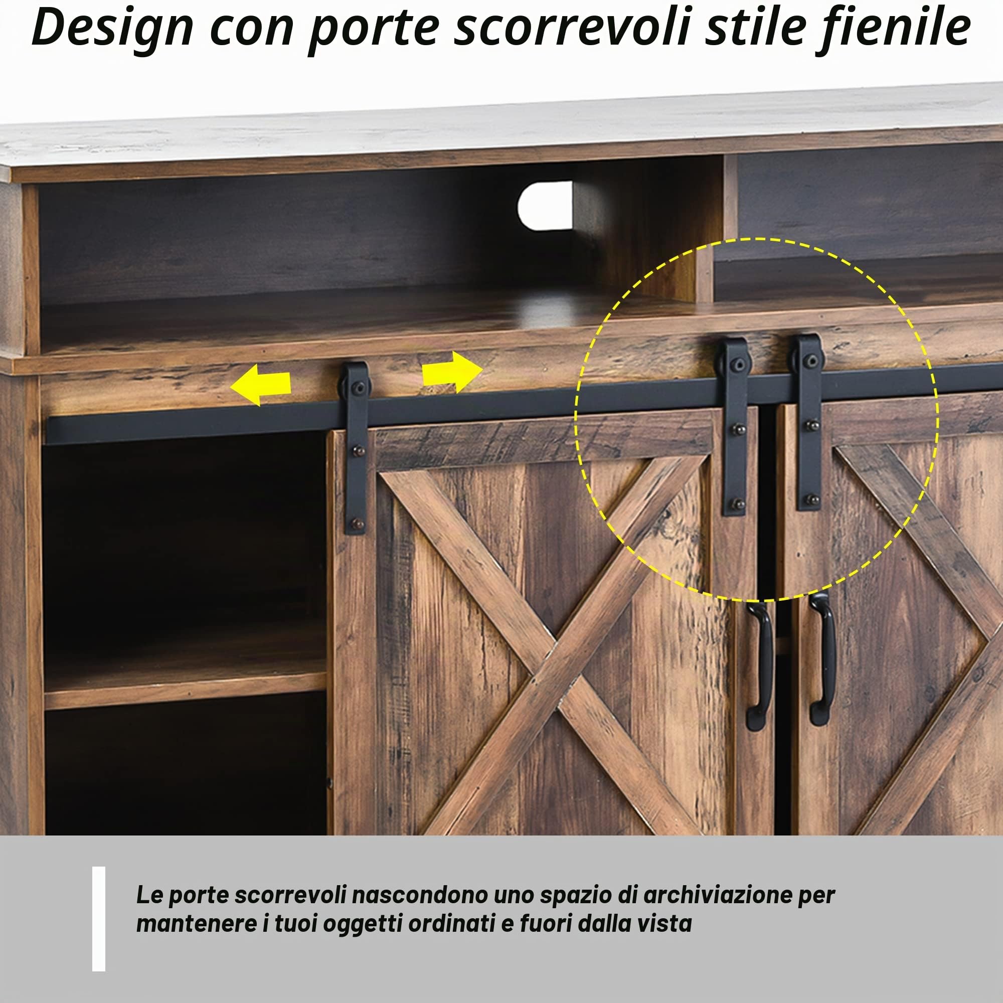 KAZZIO Grande mobile TV, credenza, centro intrattenimento con 2 classiche ante scorrevoli, ripiani regolabili per soggiorno, sala da pranzo, design fattoria, 148 x 40 x 78 cm