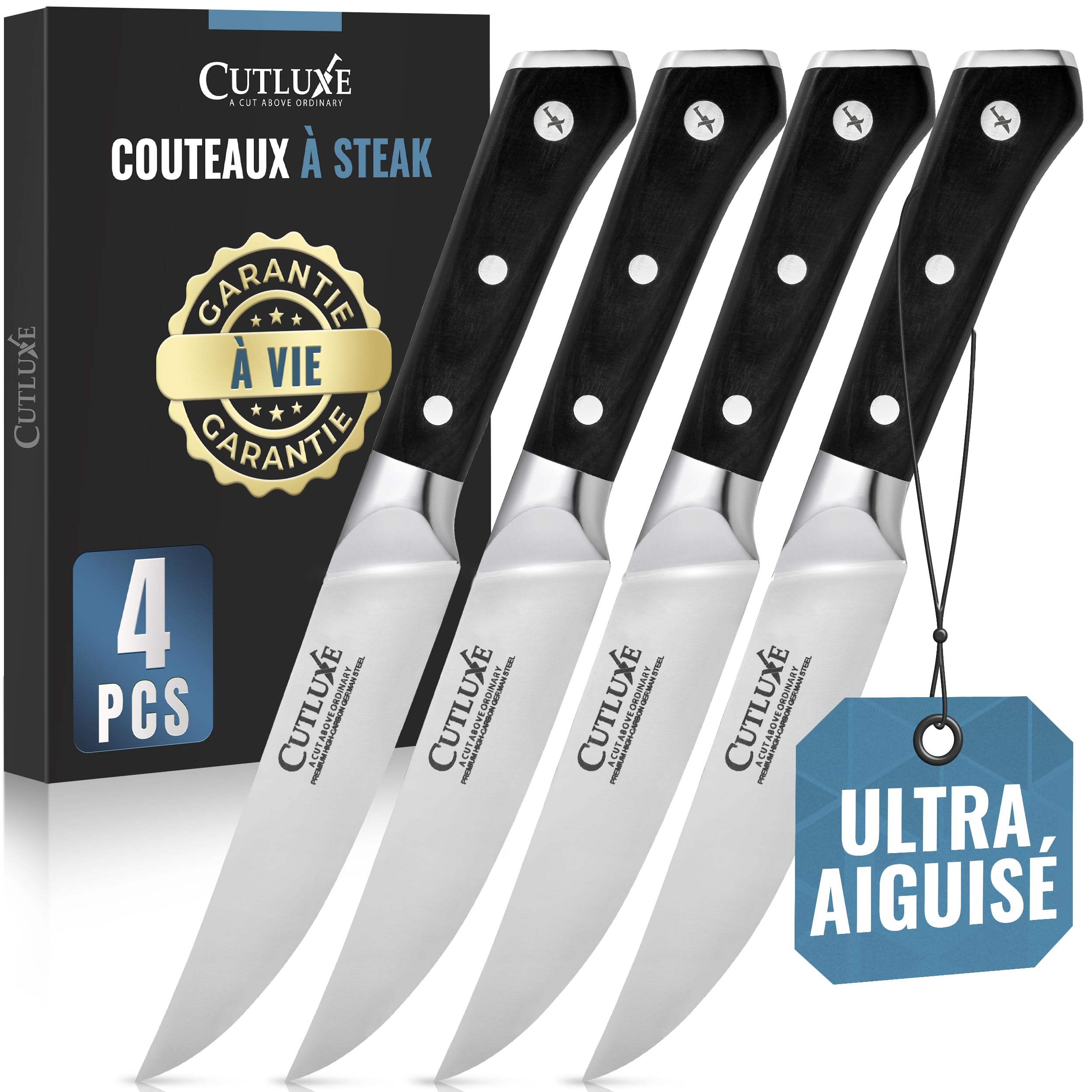 Cutluxe Couteaux à Steak 4 Pièces – Bord Uni, Couverts de Table | Lame effilée en acier allemand, manche ergonomique antidérapant; parfait pour viande grillée et repas; garantie à vie