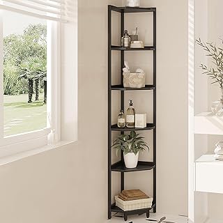 Corner Shelf Stand, 6-Tier Corner Bookshelf, Storage Standing Shelf Unit with Metal Frame, Plant Stand, Corner Bookcase for Living Room, Home Office, Bedroom, Black CS06006B