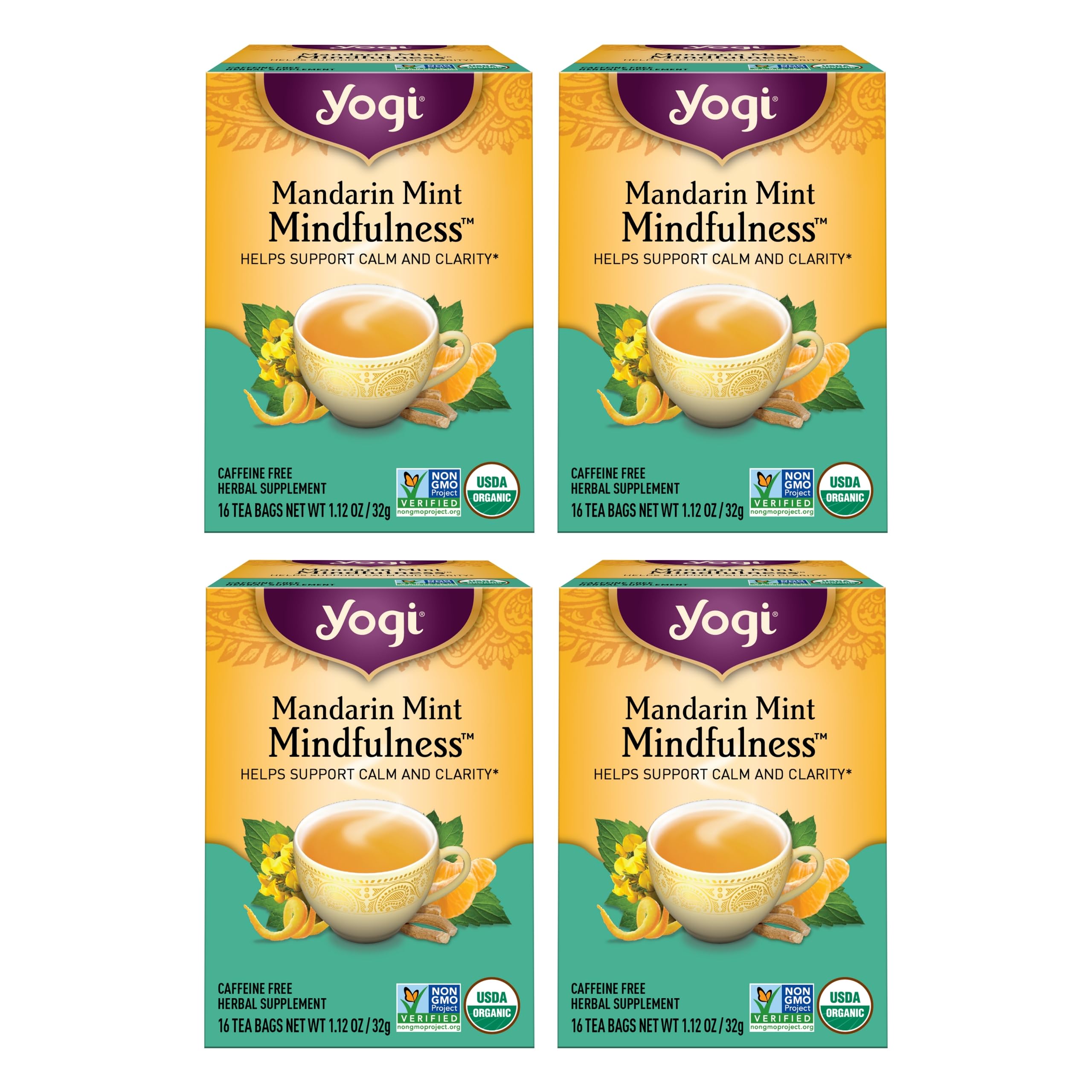 YogiTea Mandarin Mint Mindfulness - 16 Bags per Pack (4 Pack) - Organic Mandarin Mint Tea - Calming Herbal Tea - Includes Ashwagandha, Reishi Mushroom, Mandarin, Peppermint & MoreUSDA Organic