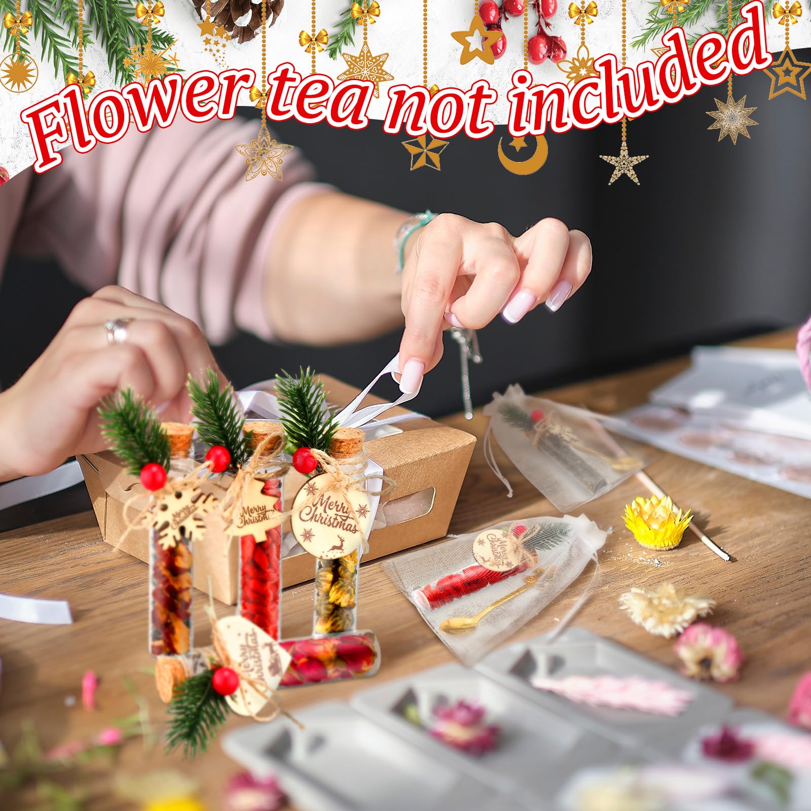 Mimorou 24 Set Christmas Tea Party Favors Bulk Gifts Christmas Tea Party Set with 4.13'' Empty Glass Jars Stainless Steel Teaspoons Organza Bags and Rope Thank You Xmas Gifts