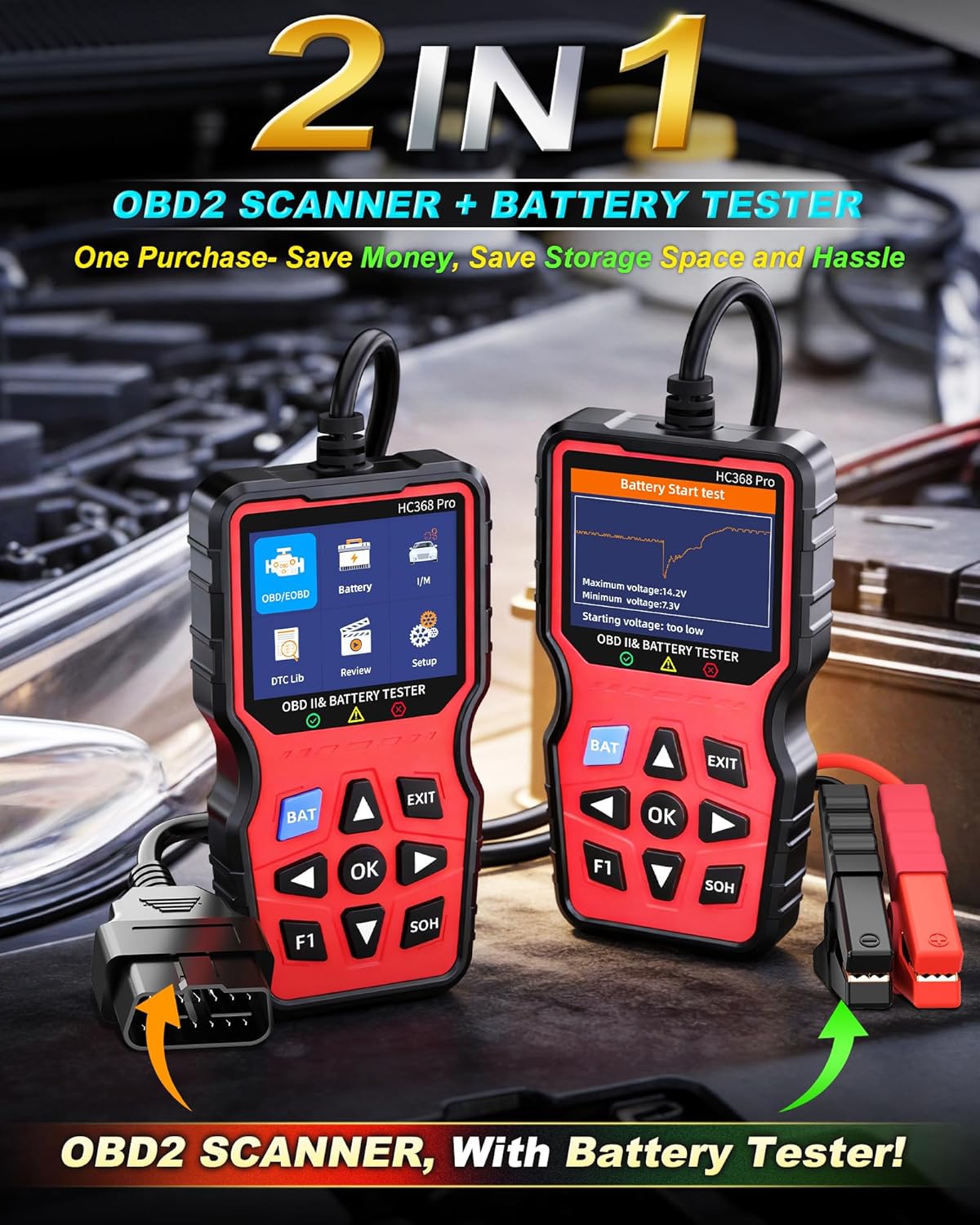 Yakry OBD2 Scanner with Battery Tester: 2-in-1 Design 1S Read & Clear Check Engine Codes for Auto Diagnostic - Fit 99.8% Vehicle Test Charging System & 12V Battery for 1996+ Cars 3 Min Quick Setup