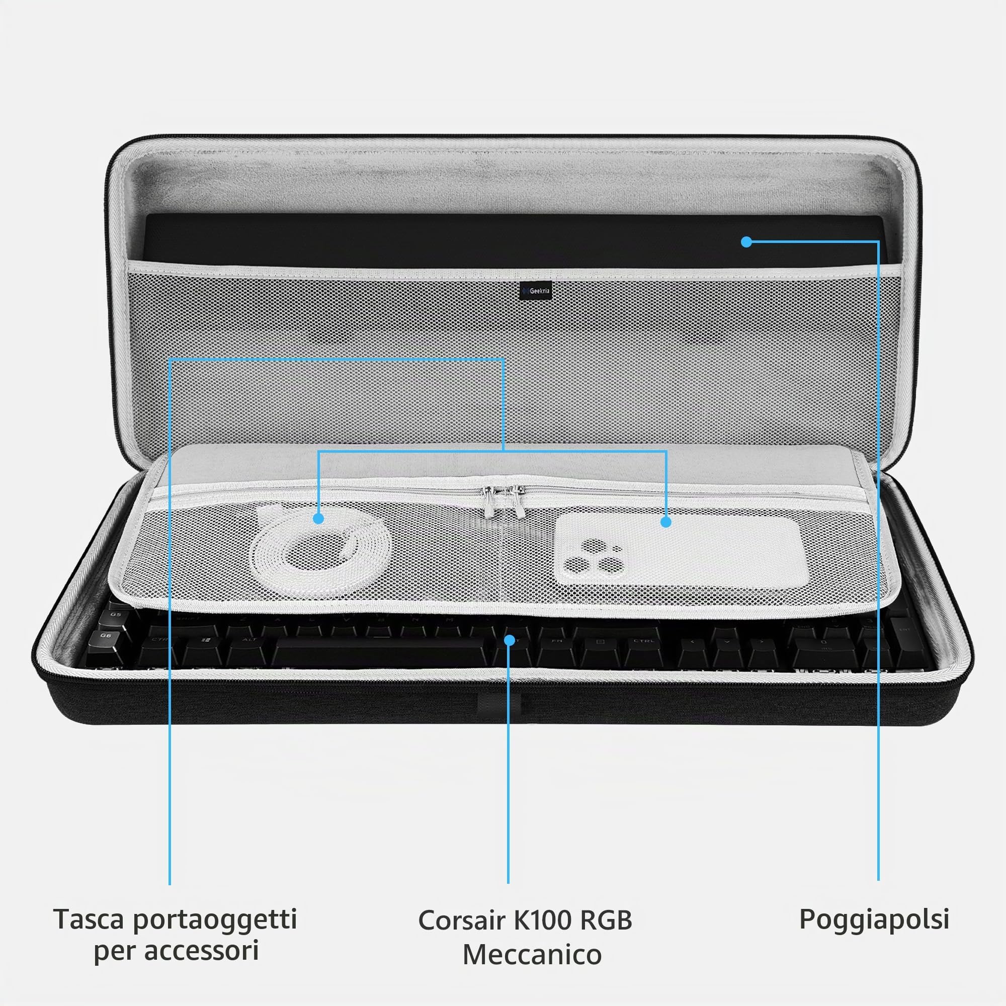 Geekria Custodia per tastiera full-size, custodia rigida da viaggio per tastiera meccanica da gioco per computer da 104 ~ 108 tasti, compatibile con Corsair K100 RGB Mechanical, K95 RGB, Razer