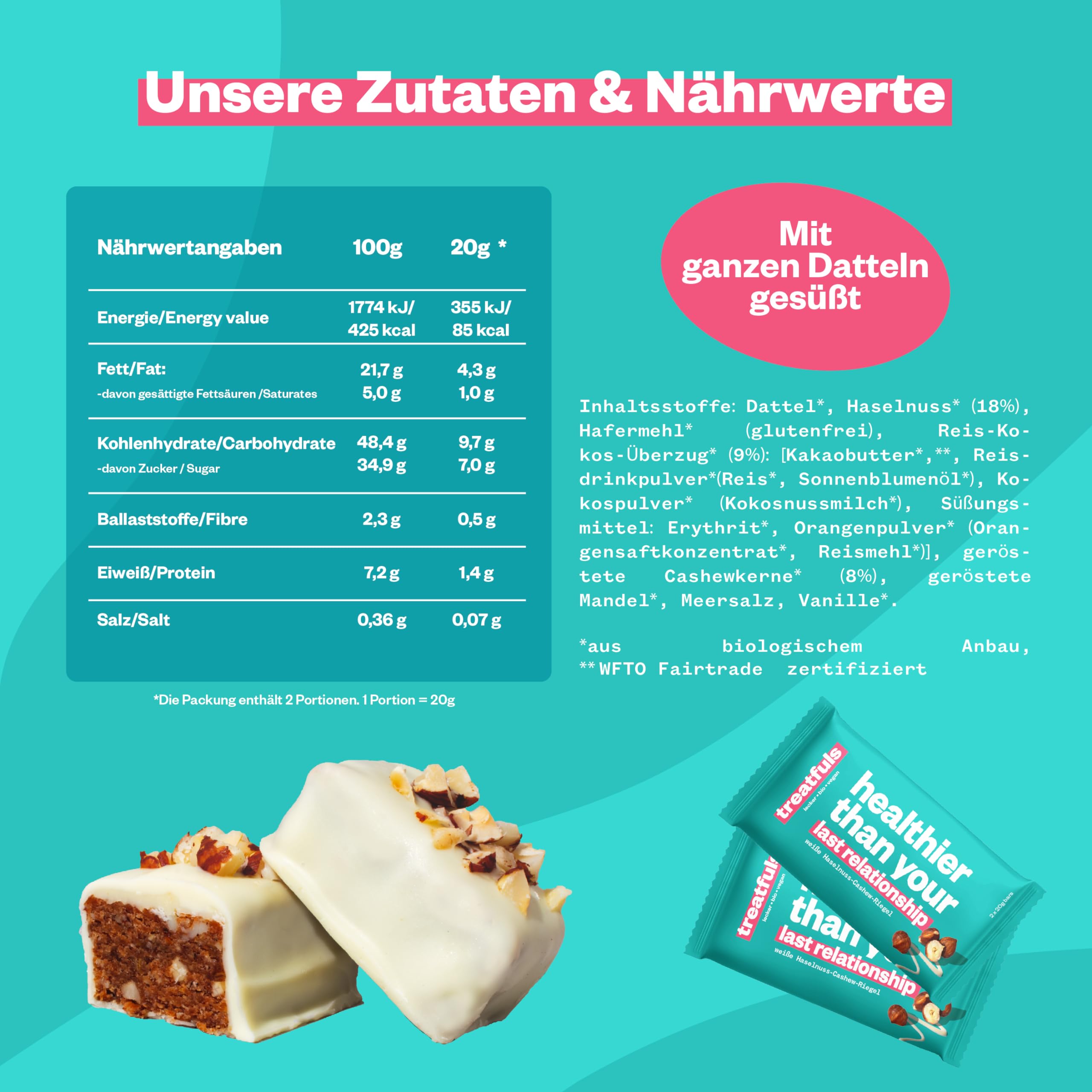 treatfuls weiße Bio-Haselnuss-Cashew Riegel 20x40g | Datteln und Haselnüsse | vegan | 100% natürliche Zutaten | glutenfrei | laktosefrei | ohne Soja