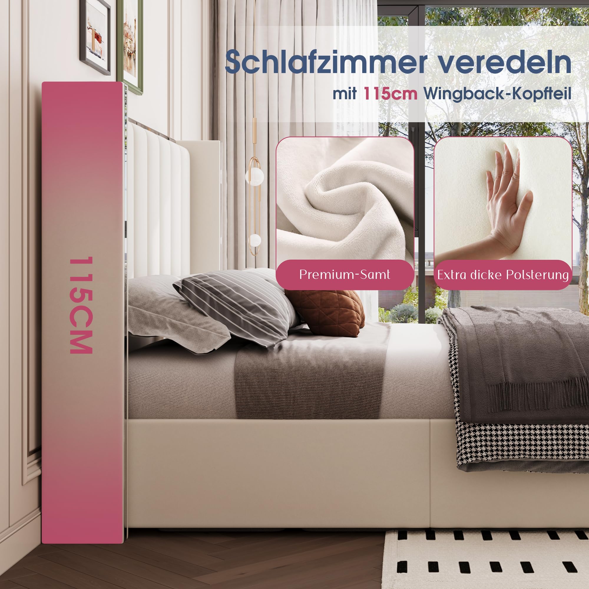 LUXOAK Polsterbett 160x200 mit Bettkasten & Liftfunktion, Beige | 115cm Wingback-Kopfteil mit Chromdetails, weicher Samtbezug, großer Stauraum, stabiler Holzrahmen, leiser Lattenrost