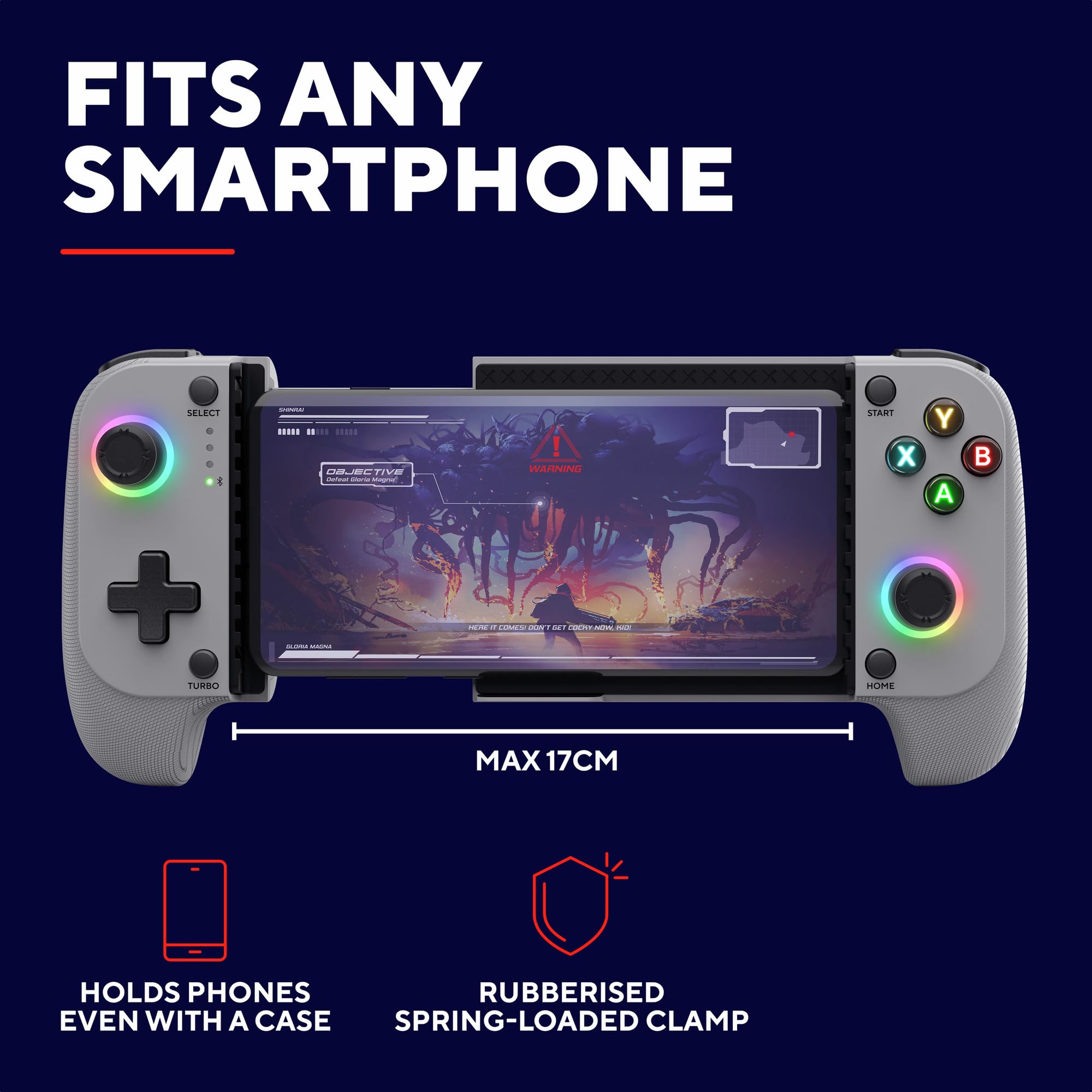 Trust Gaming GXTrust 735G Mylox Kontroler do Gier z Uchwytem na Telefon iPhone Android PS5 Xbox, Akumulator do 12h, Gamepad Bluetooth do Smartfona, Podświetlenie LED RGB, 18 Przycisków, Szary