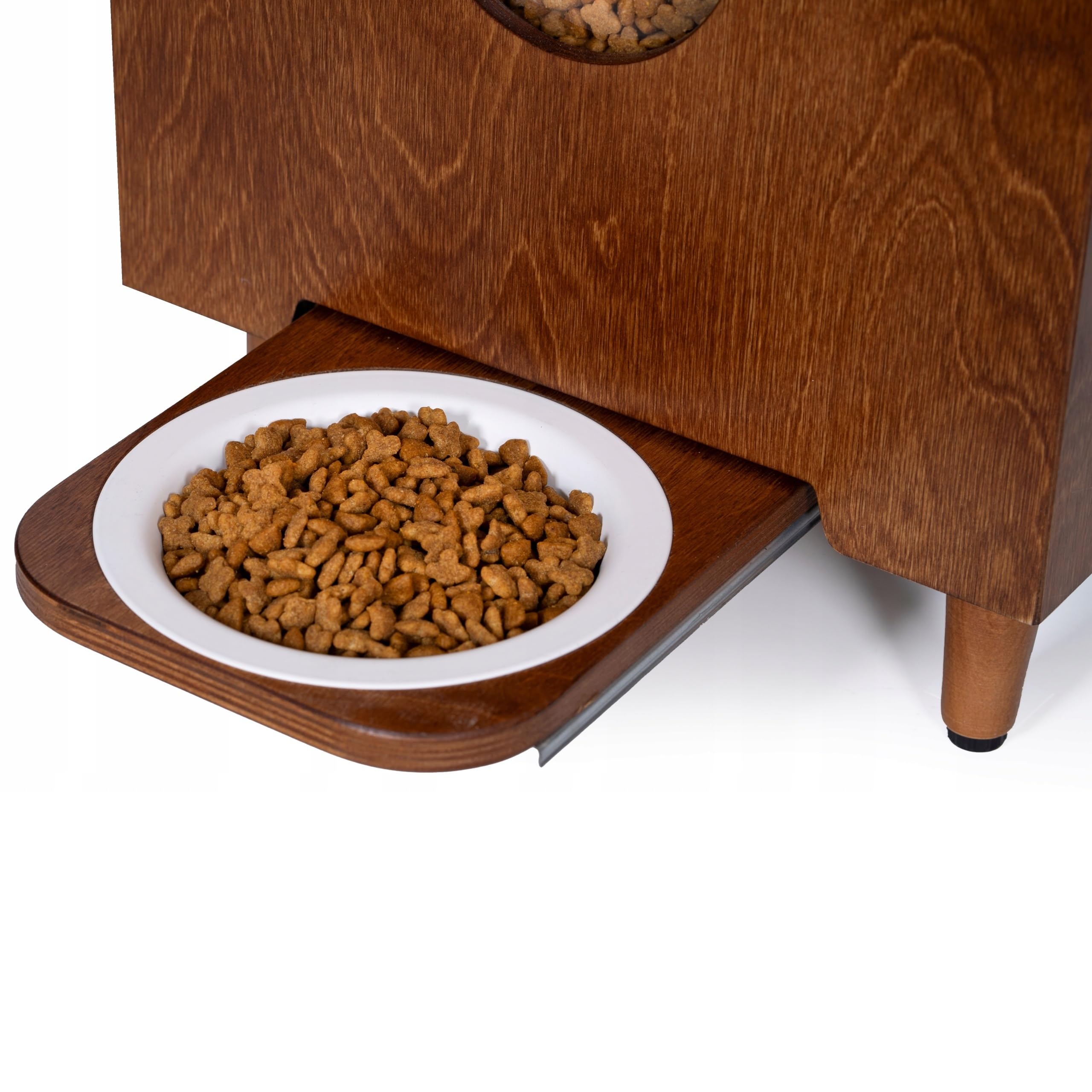 QLS Dispensador de alimentos secos 20 L para gatos y perros, comedero automático con bandeja de animales, 60 x 30 x 30 cm (marrón #E10197) | Dispensa alimentación con palanca en porciones iguales. Con cuenco en el tamaño deseado y caja de madera