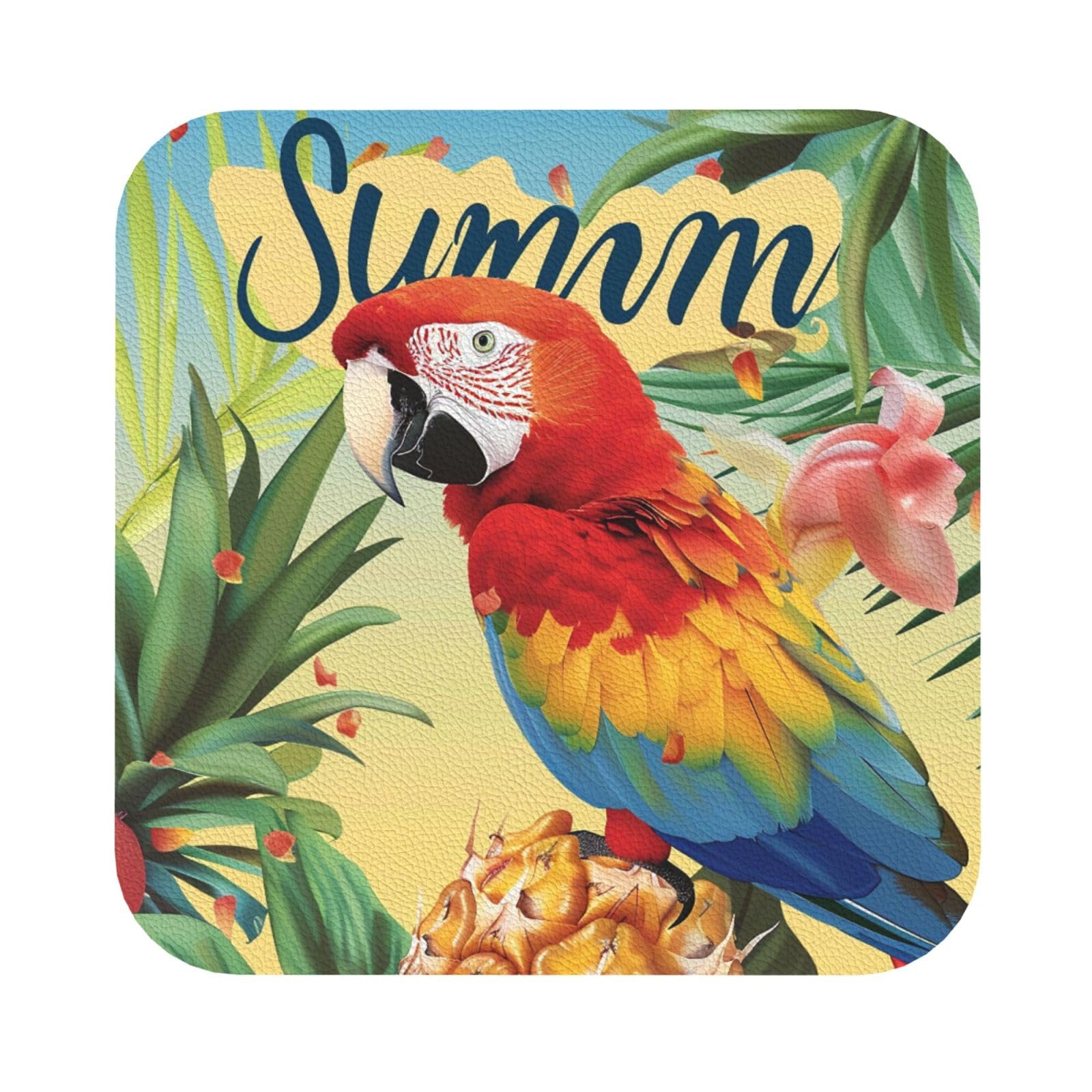 Summer Parrot Pineapple Bird Printed Coasters for Drinks, Leather Coaster Sets of 4, Funny Coffee Cup Coaster, Absorbent Coaster for Home and Office Kitchen Bar Square