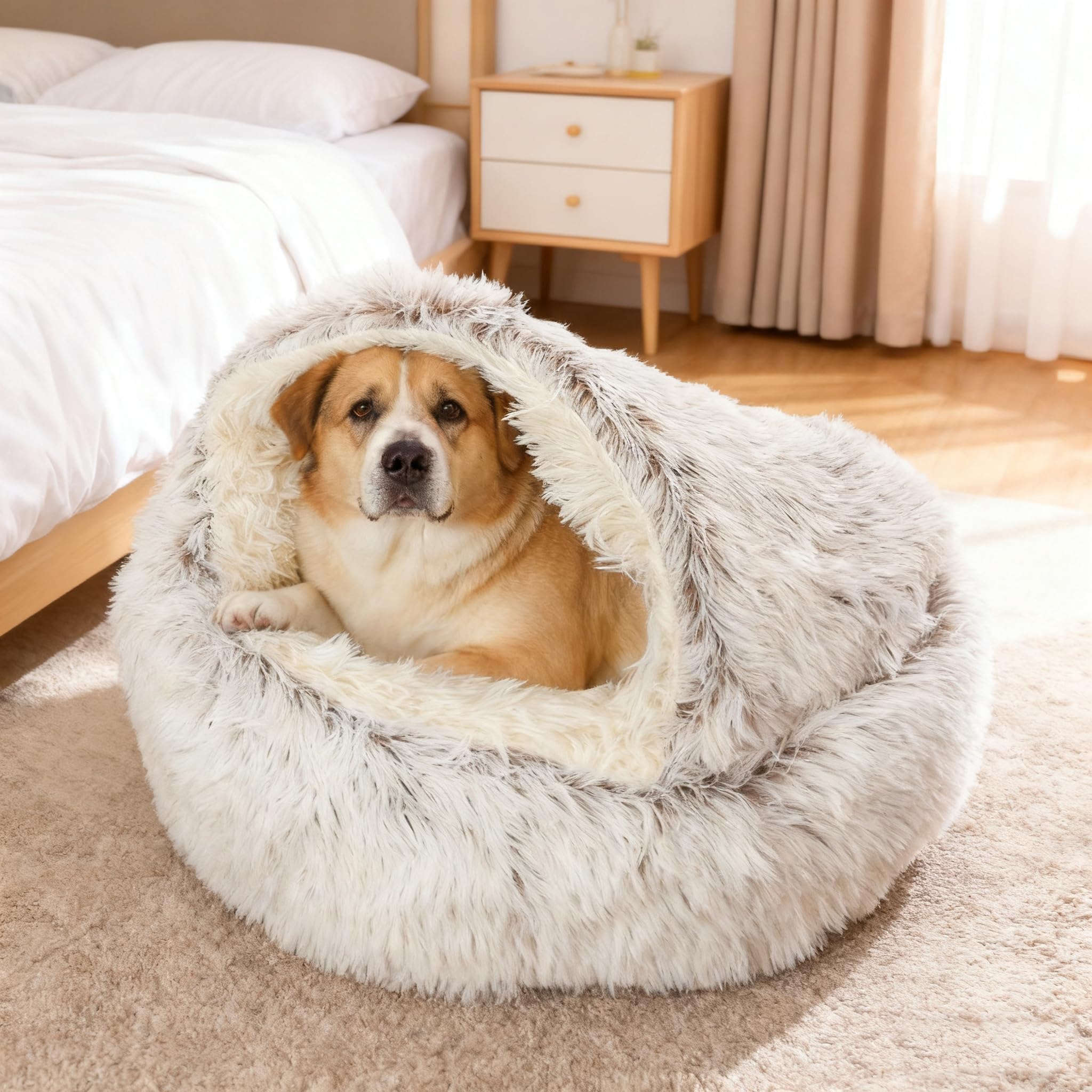 SHJOEE Cat Bed Plush Fluffy Hooded Cat Bed Cave, 2-in-1 Cozy for Indoor Cats or Small Dog beds with Cover, Doughnut Dog Bed, Machine Washable (Coffee, 70CM)