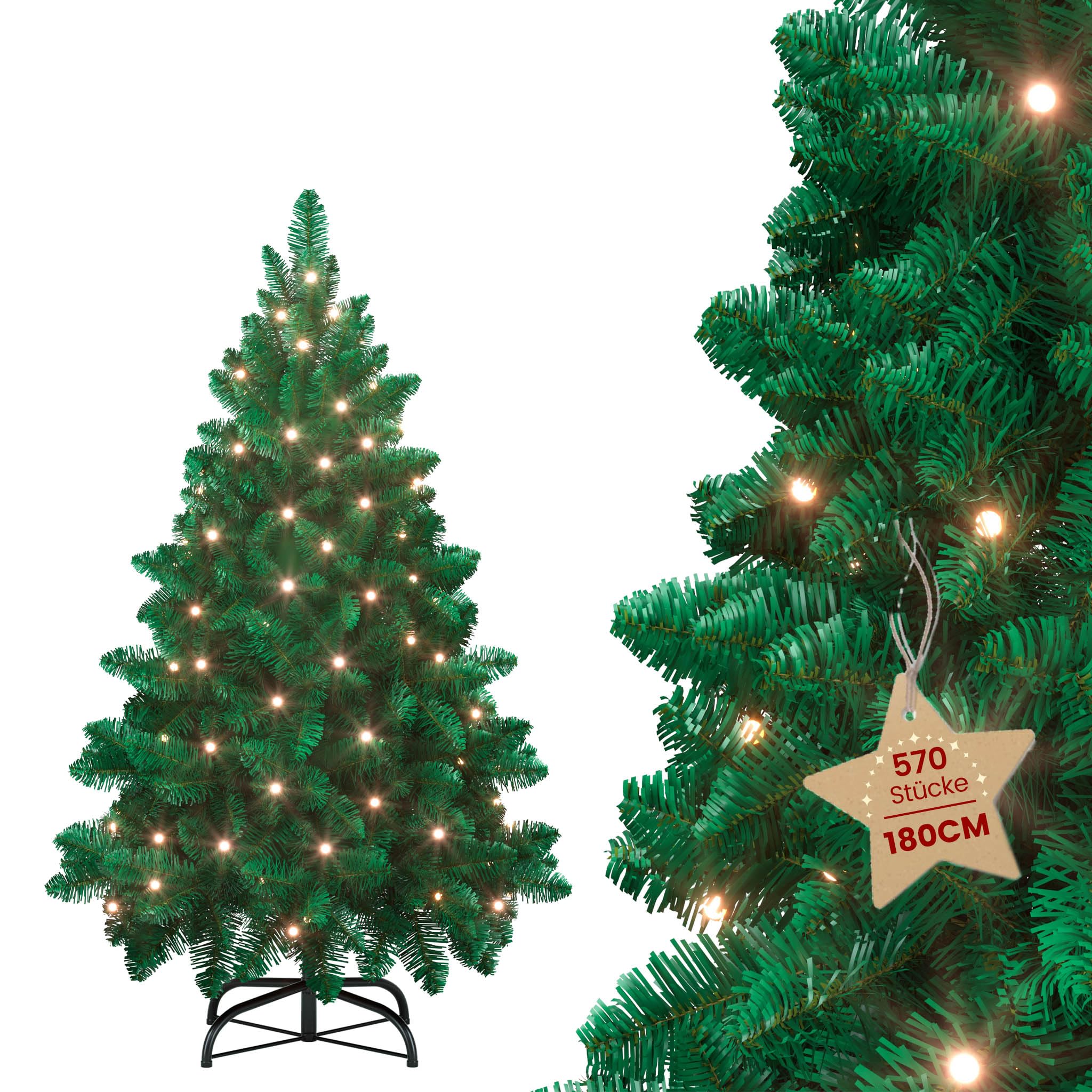 Aufun Árbol de Navidad Artificial con iluminación, 250 LED, luz Blanca cálida, Incluye Soporte de Metal, 570 Puntas, árbol de Navidad de PVC (180 cm, PVC Verde + LED)