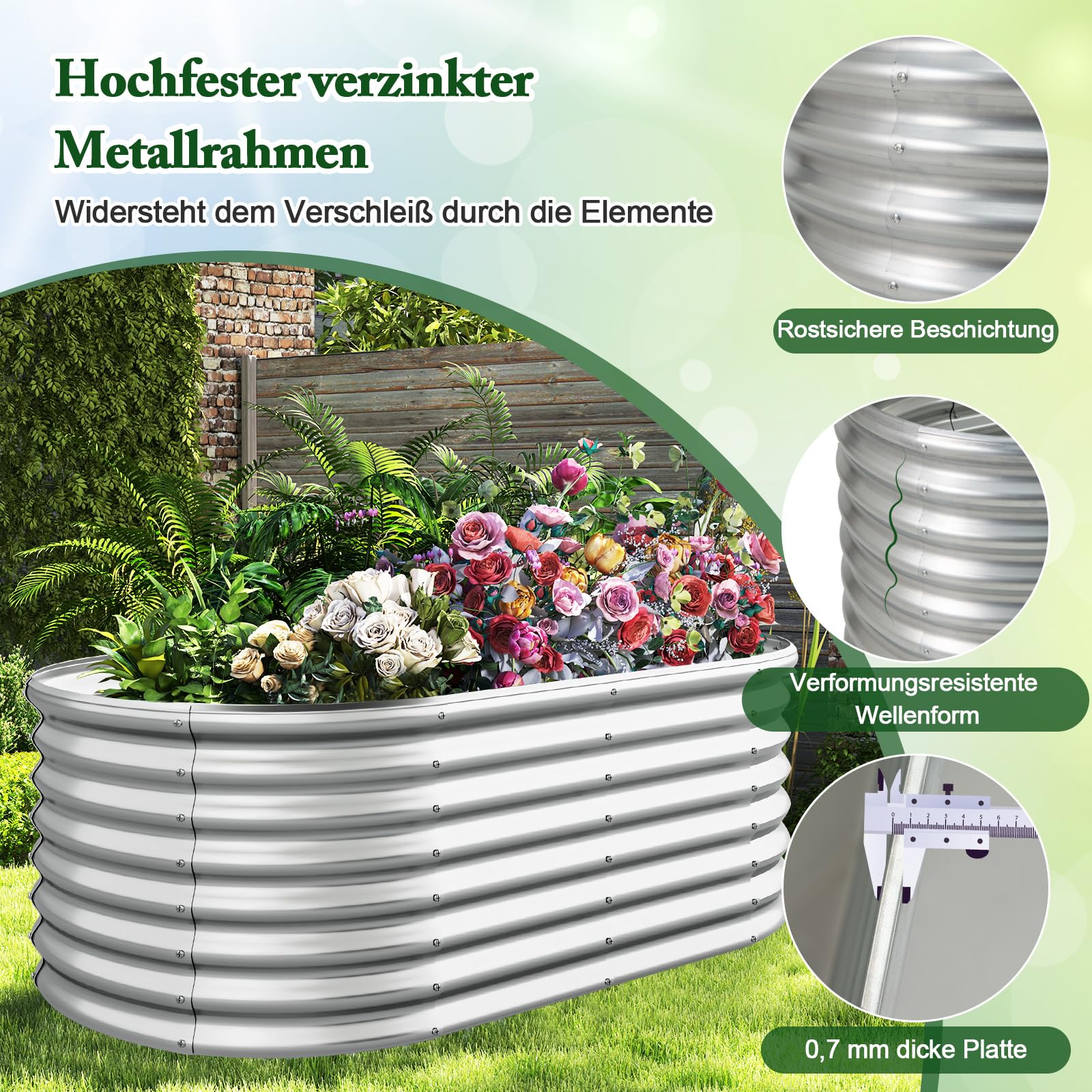 COSTWAY Hochbeet Metall Oval, Pflanzkasten für Garten, 165 x 80 x 60 cm, Frühbeet mit offenem Boden, Wellblech, Blumenbeet wetterfest, Pflanzentrog für Gemüse Blumen Kräuter (Silber)