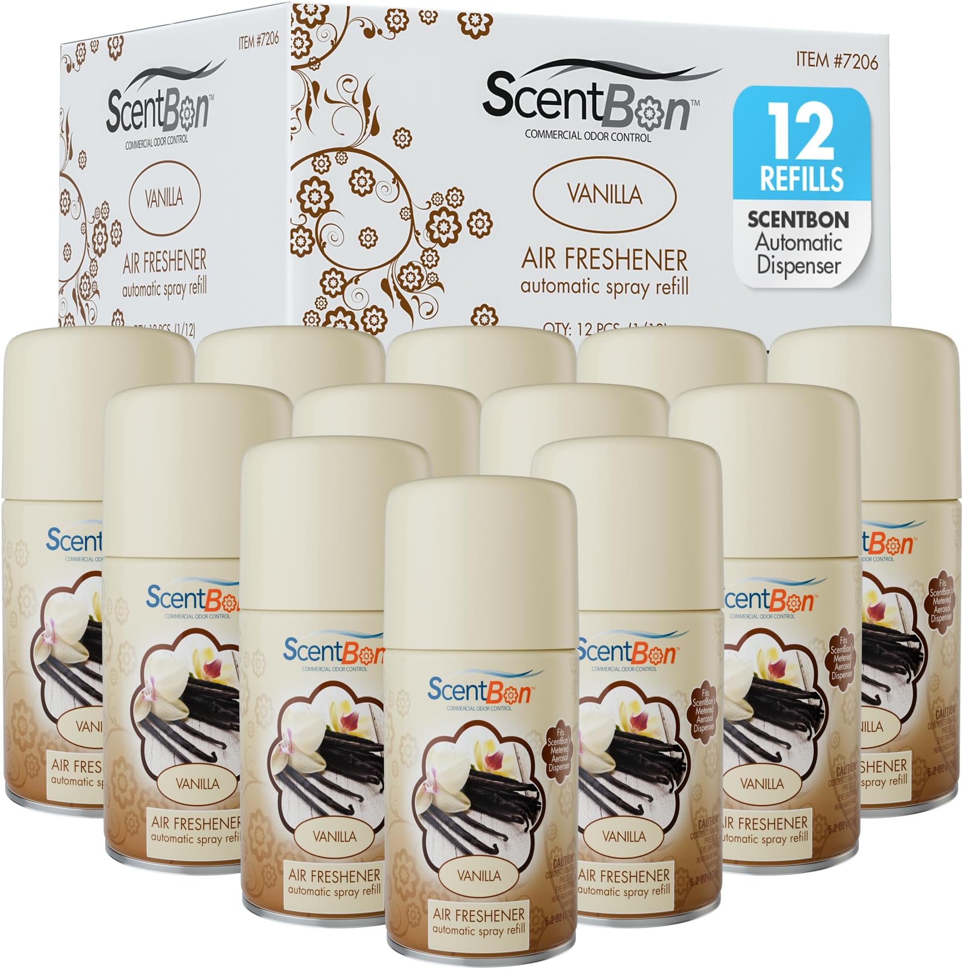 Metered Air Freshener Refills for Aerosol Dispenser – Vanilla Scent – 6.2 oz – 12 Pack – Automatic Air Freshener Spray Refill – Commercial Aerosol Deodorizer for Office, Bathroom, Gym, Businesses