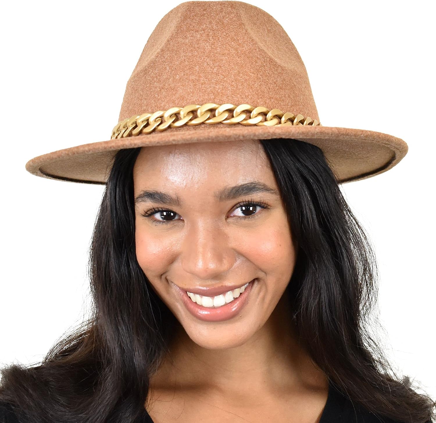 C.C Wide Brim Wool Fabric Panama Fedora Hat with Chain Accent