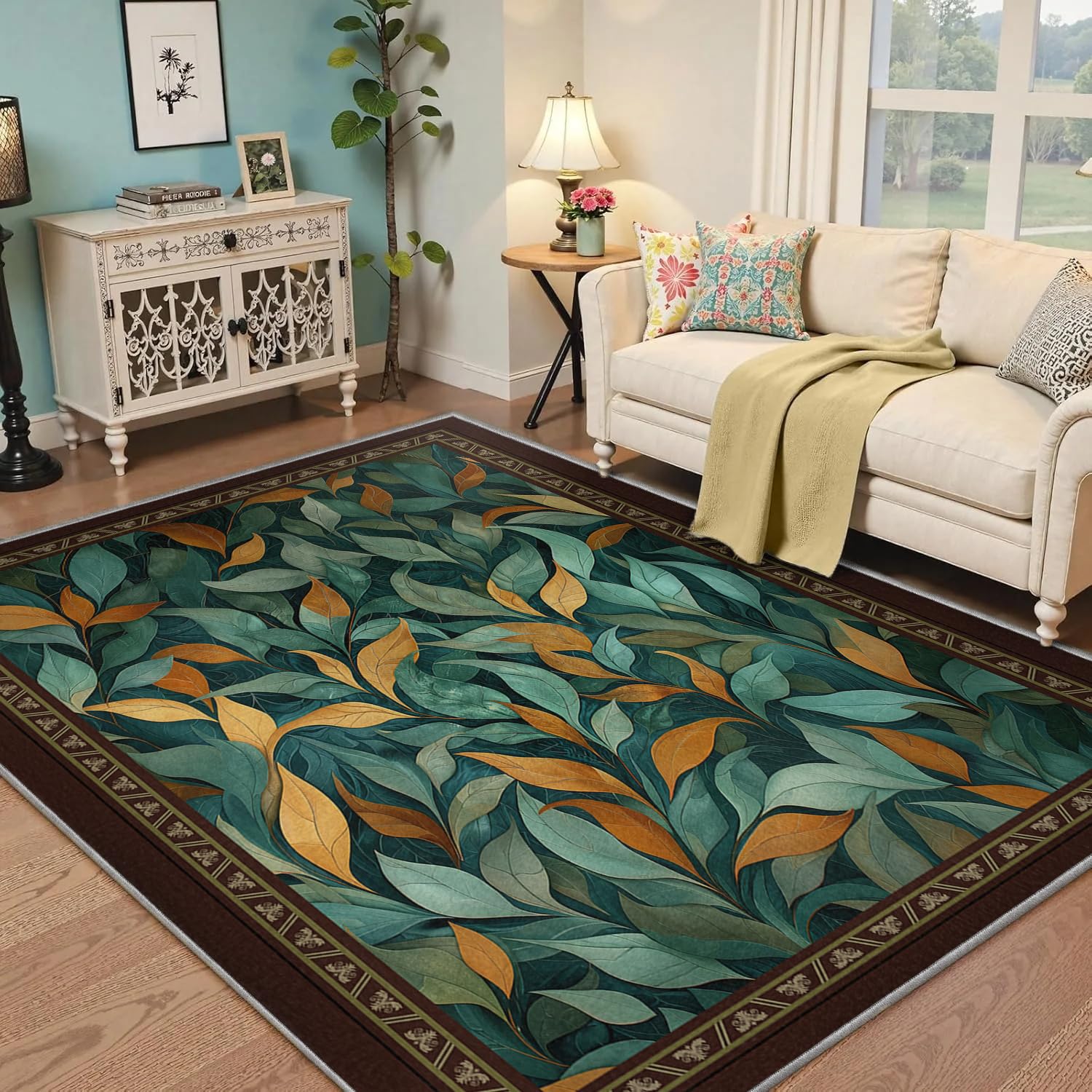 Tapis de sol nature feuilles de saule lavable 140x200