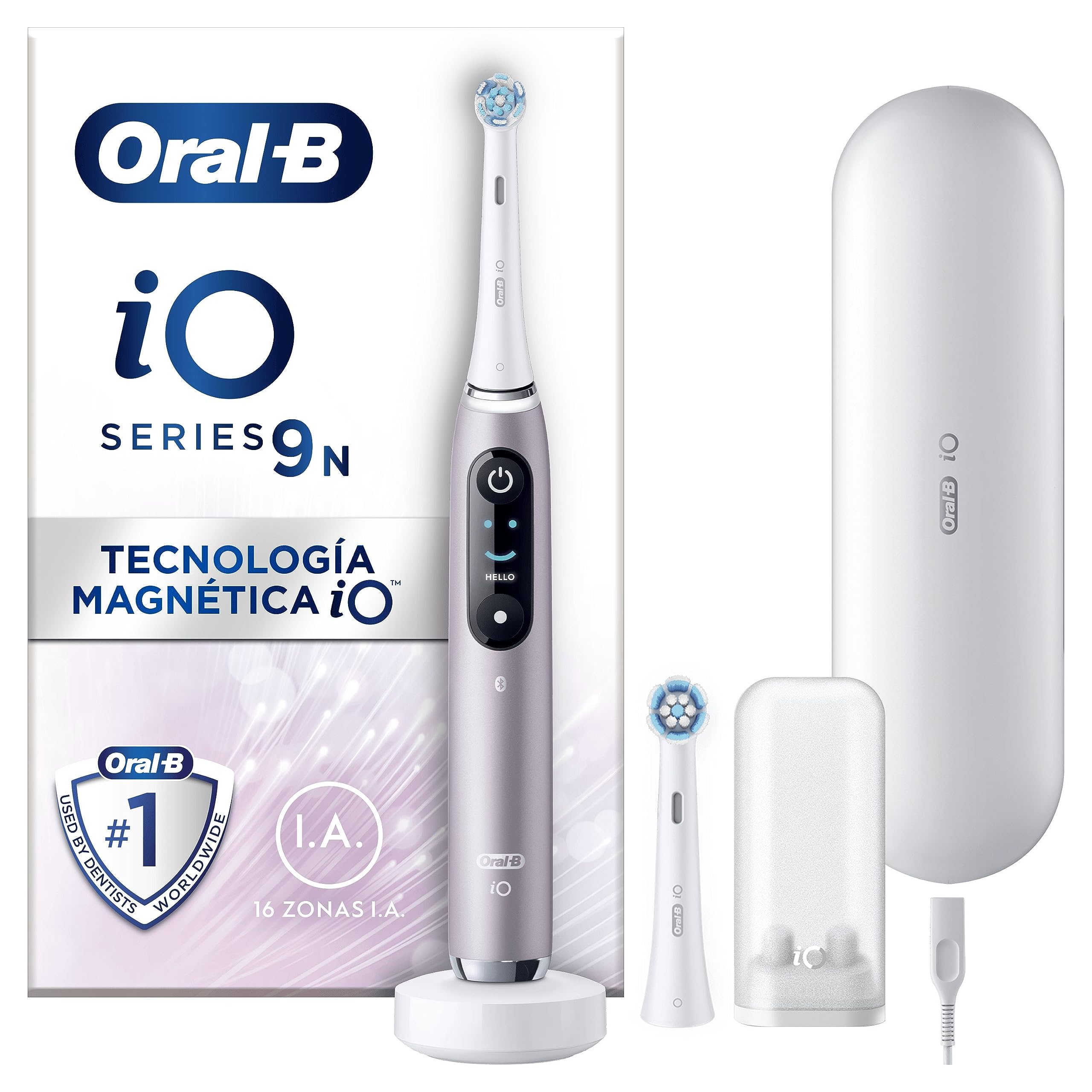 Oral-B iO 9 Oral-B iO 9N Cepillo de Dientes Eléctrico Rosa Cuarzo, con 2 Cabezales y 1 Estuche Cargador de Viaje, Diseñado por Braun, Diseñado Por Braun