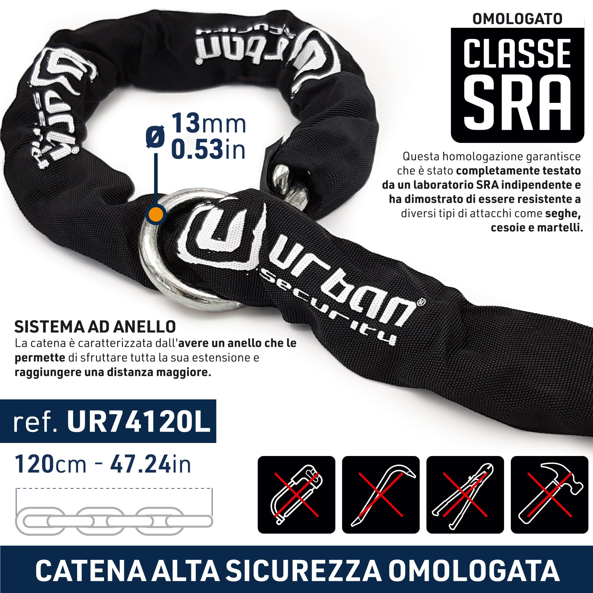 URBAN UR74120L Antifurto per Moto, Alta Sicurezza, Omologato SRA, mini U + Catena ø13,5, lazo 120 cm