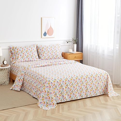 Miniatura 2 de Juego de sábanas tamaño King, 4 piezas, estampado de flores coloridas, cama doble, lujosa, refrescante, suave, 100% microfibra cepillada con