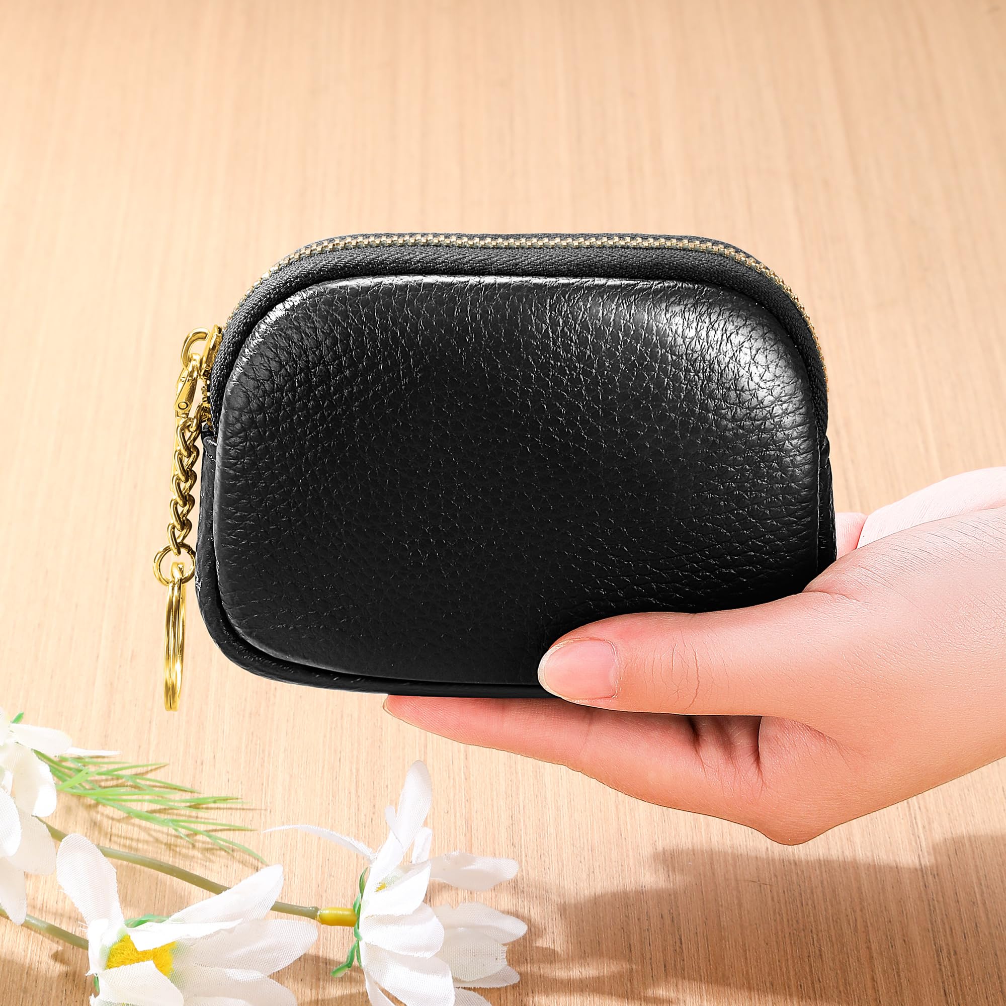 Xzenuo Genuine Leather Coin Purse, Small Change Purse Keychain Wallet for Women, Mini Coin Pouch with Zipper, Black