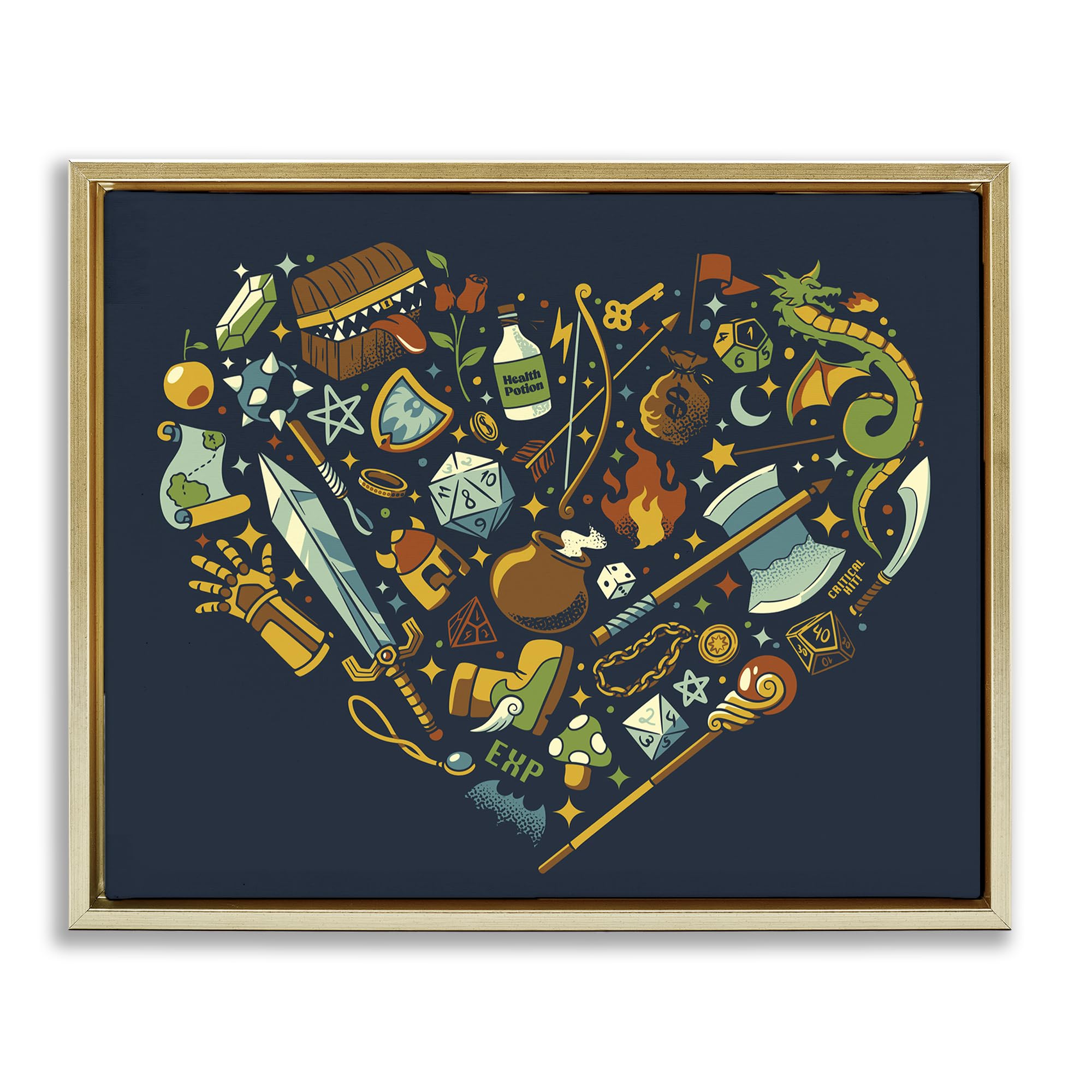 Stupell Industries Fantasy Game Trinkets with Dragon, Potion, Treasure, 24 x 30 Inch Gallery Wrapped Canvas Wall Art in Floater Frame, by Tobe Fonseca, Made in USA Gift