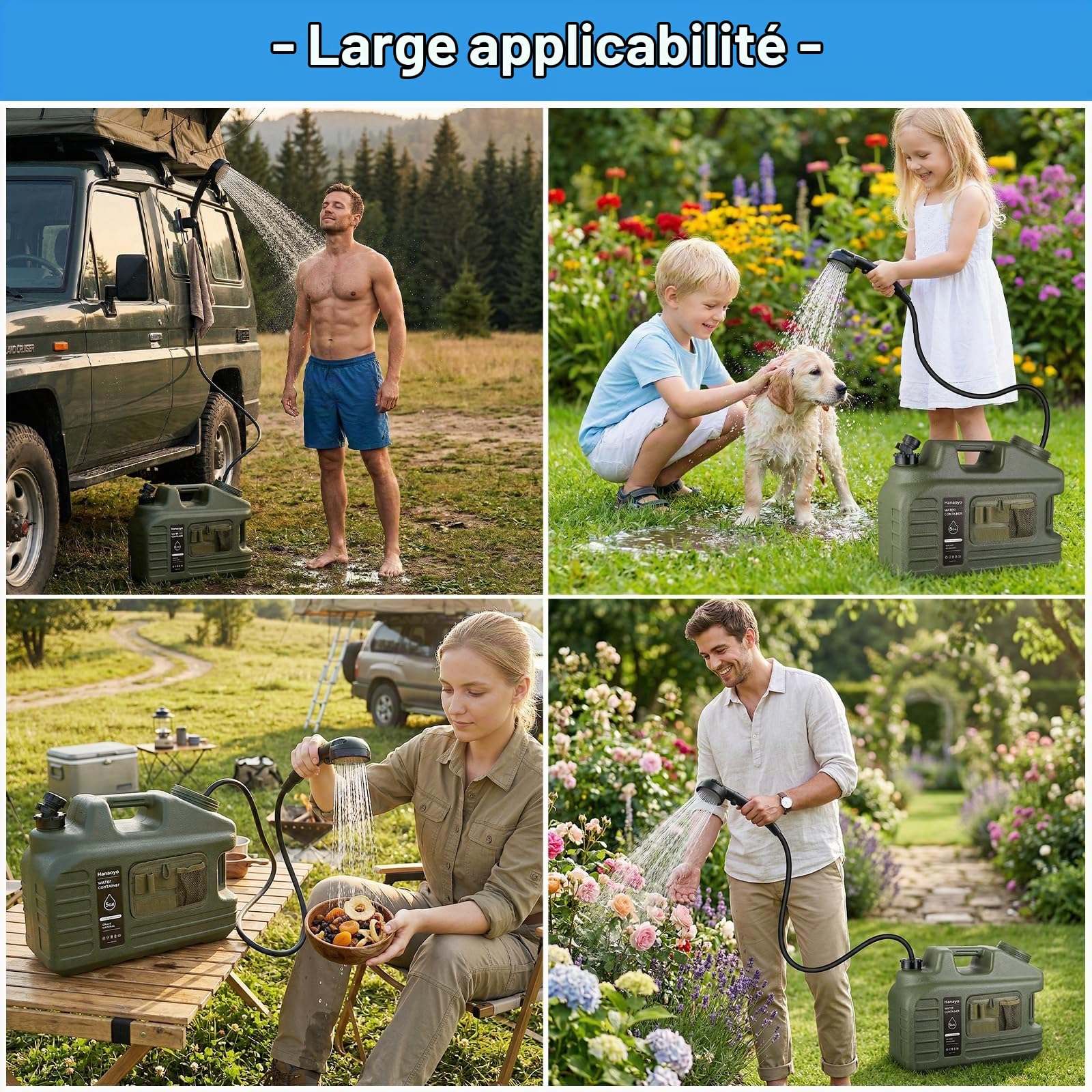 Kit de douche portable de camping avec carafe d'eau de 18 litres, pompe de douche rechargeable IPX8, étanche IPX8, 5 modes de pression, réservoir d'eau sans BPA pour le camping, la randonnée, la plage