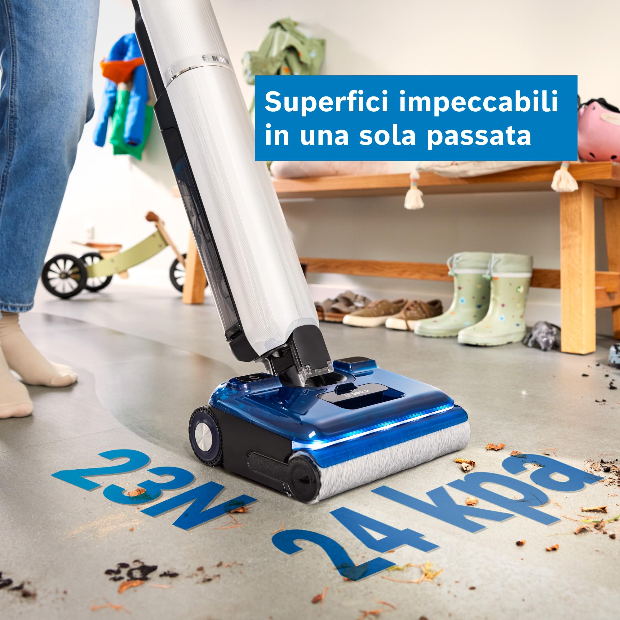 Bosch BHF41WS Aspirapolvere Lavapavimenti Senza Filo, Potente 24kPa, Bianco