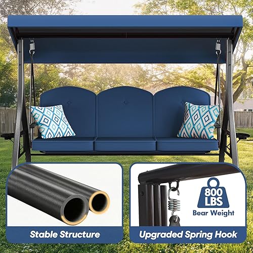 Miniatura 4 de 3 Seat Outdoor Porch Patio Swing with Stand 800lbs 2-in-1 Convertible Swing Bed with Adjustable Canopy & Removable Cushion for Yard Garden Deck