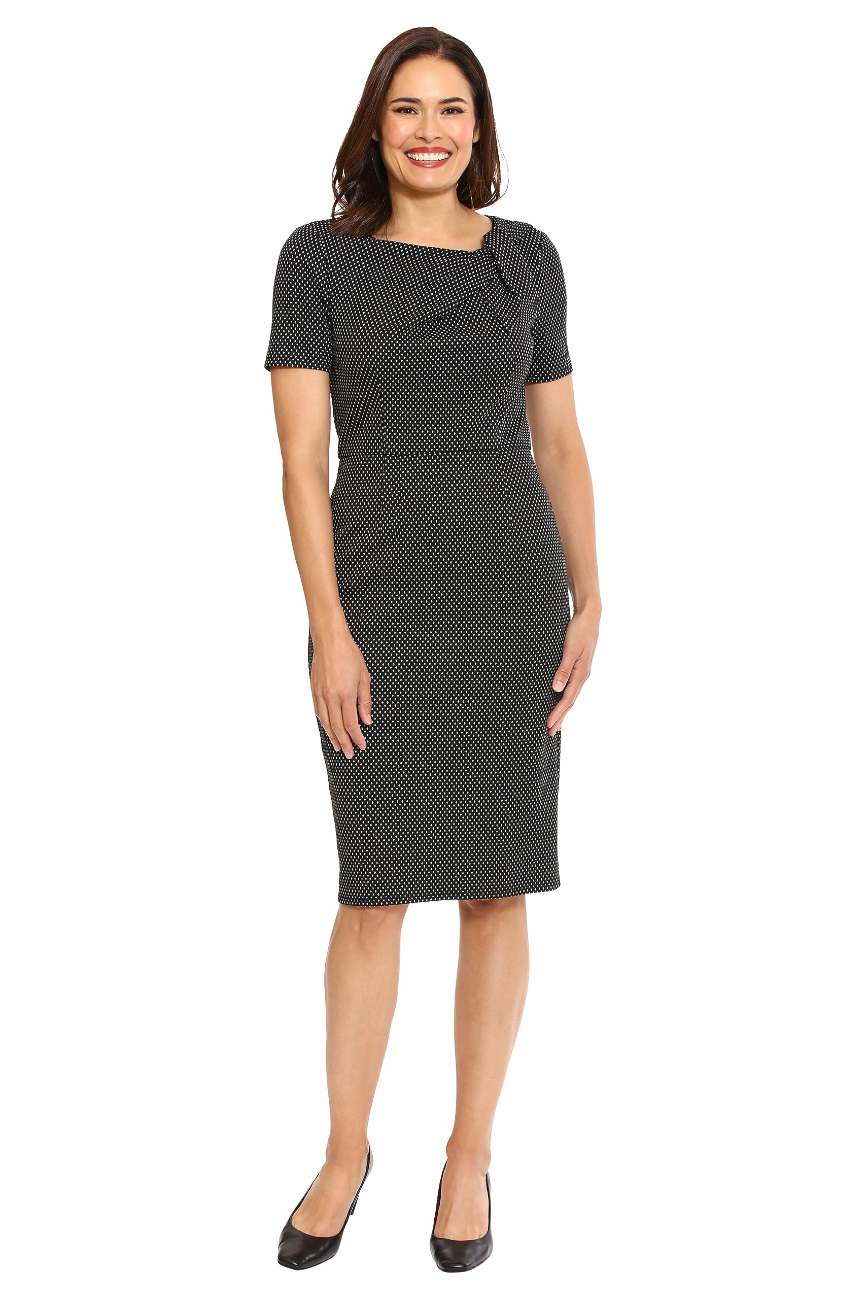 London Times Womens Sheath Dress with Draping and Bow and Twist Detail at Neck