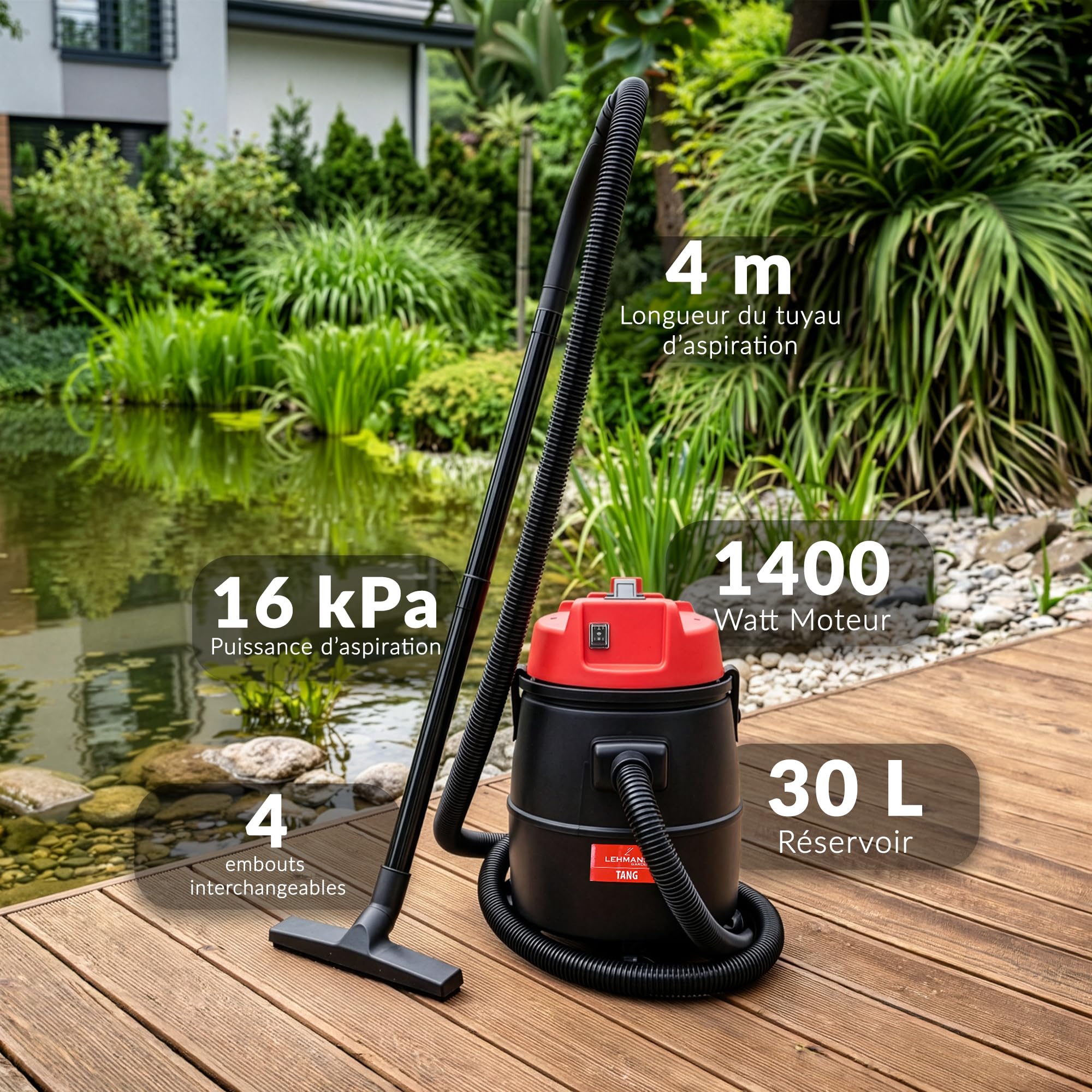 LEHMANN Aspirateur de Piscine 4-en-1 1400 W 30 L Sec Humide Soufflerie Noir Rouge
