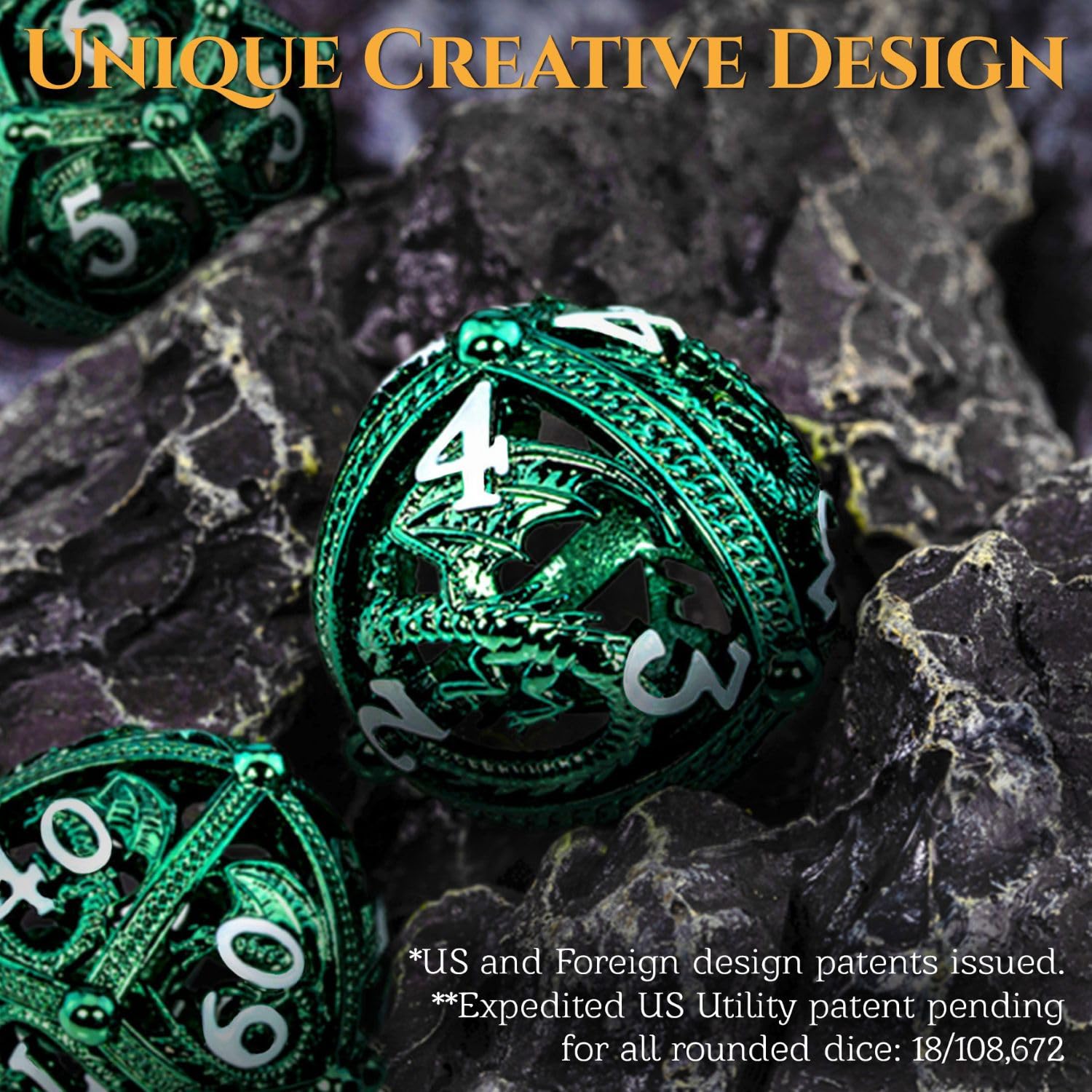 Lot de dés DND en métal – Design rond en orbe creux pour un meilleur roulement – Beau jeu de dés en métal dragon pour jeux de rôle (RPG) – Superbe jeu de dés D&D Donjons et Dragons (vert)
