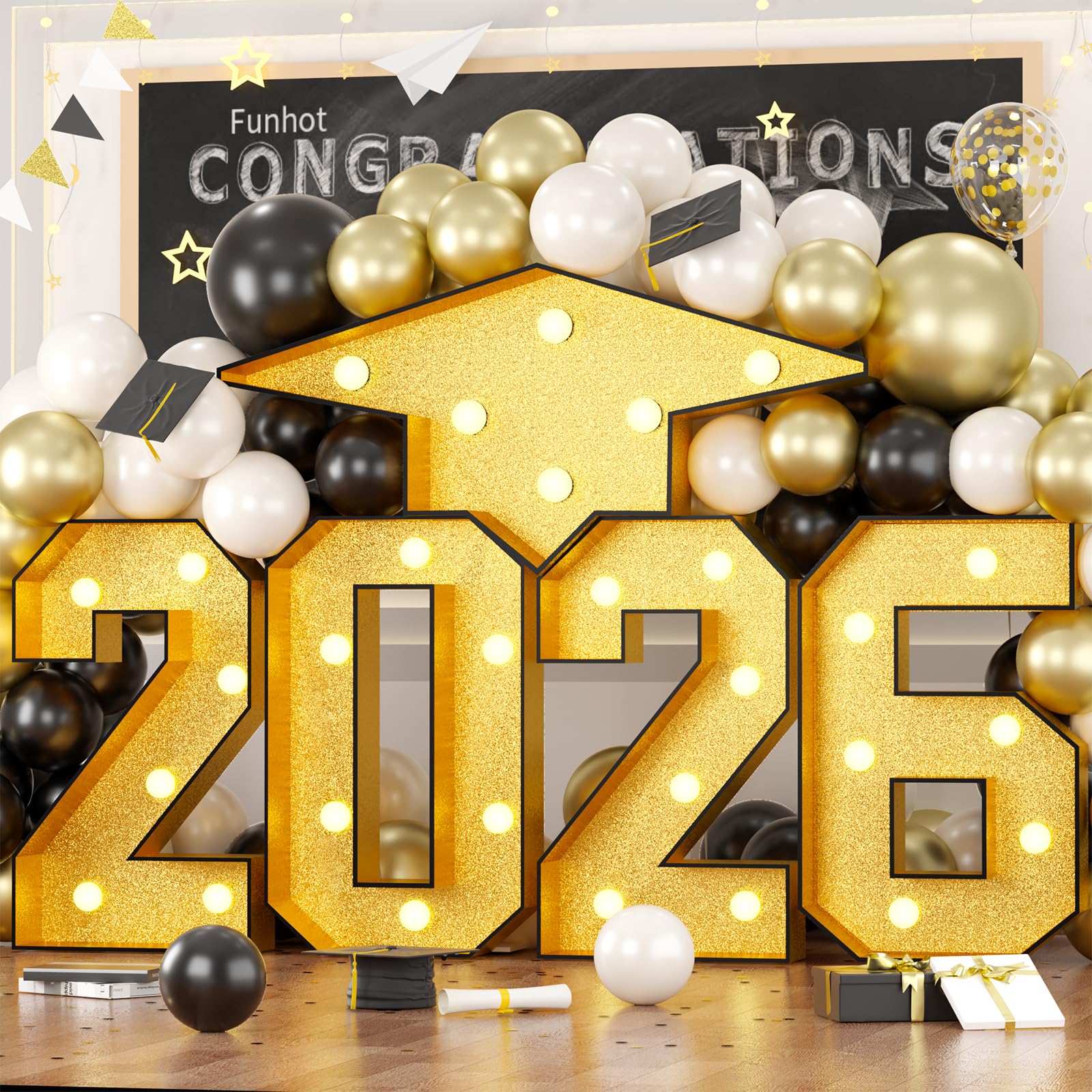 Photo 1 of FunHot Marquee Light Up Numbers, 3.4 FT 2026 Marquee Numbers with Lights Gold Mosaic Frame Number Graduation Cap Pre-Cut Cardboard for New Year Anniversary Class of 2026 Graduation Party Decoration