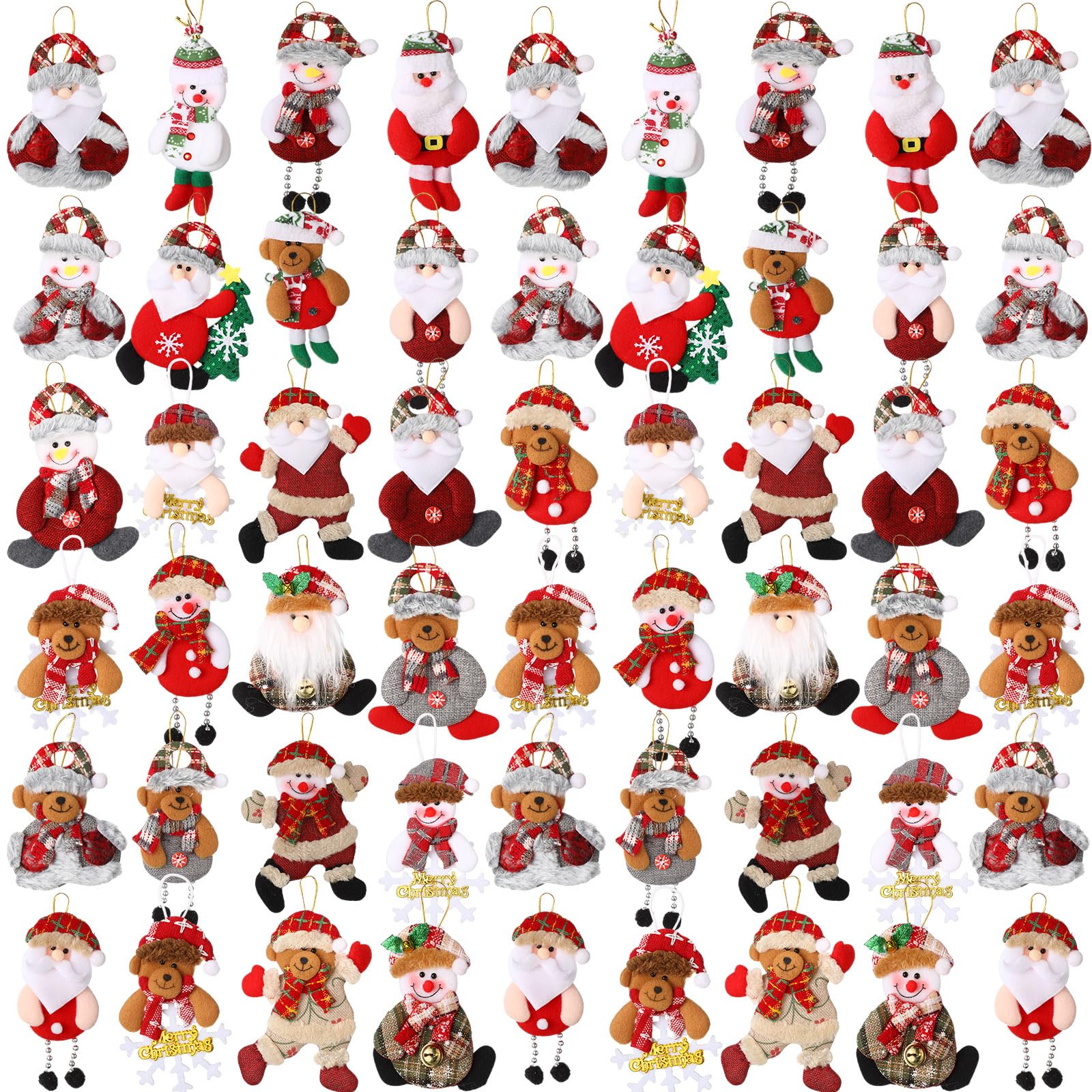 Suzile 100 adornos de felpa para árbol de Navidad, oso de Papá Noel, muñeco de nieve, decoraciones de Navidad, colgante tradicional de árbol colgante de Navidad, adornos de muñeca rústica para