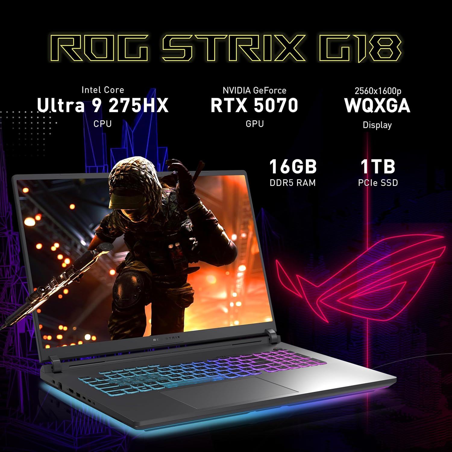 ASUS ROG Strix G18 18" WQXGA 240Hz Gaming Laptop, GeForce RTX 5070 8GB, Intel Ultra 9 275HX, 16GB DDR5, 2TB Storage (1TB SSD + 1TB Docking Station Set), Backlit Keyboard, IR Camera, Win 11, Gray