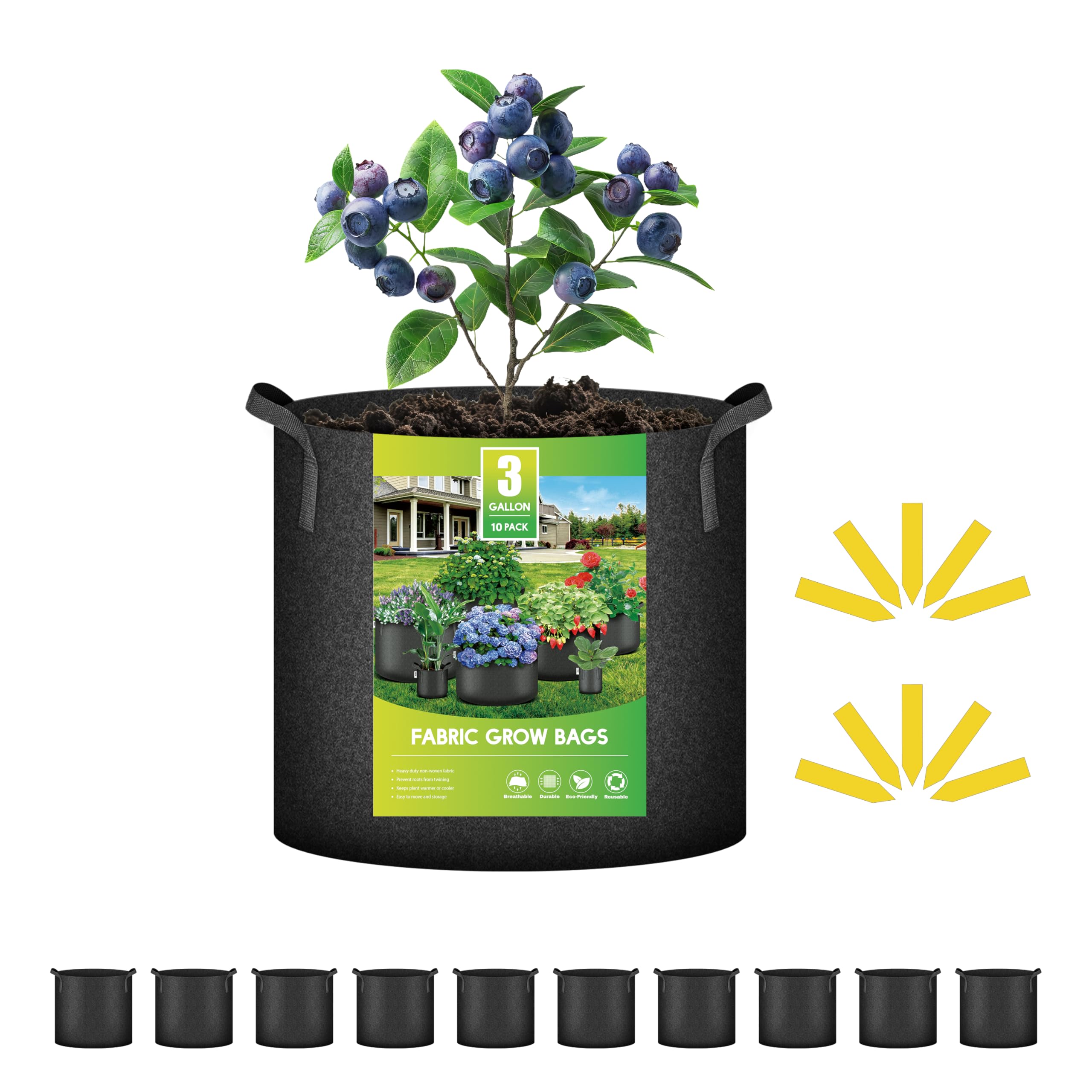 iPower 10 Pack 3 Gallon Grow Bags 300G Thickened Sturdy Plant Fabric Pots with 10 Labels and Handles, Aeration Garden Cloth Planter Bag for Outdoor
