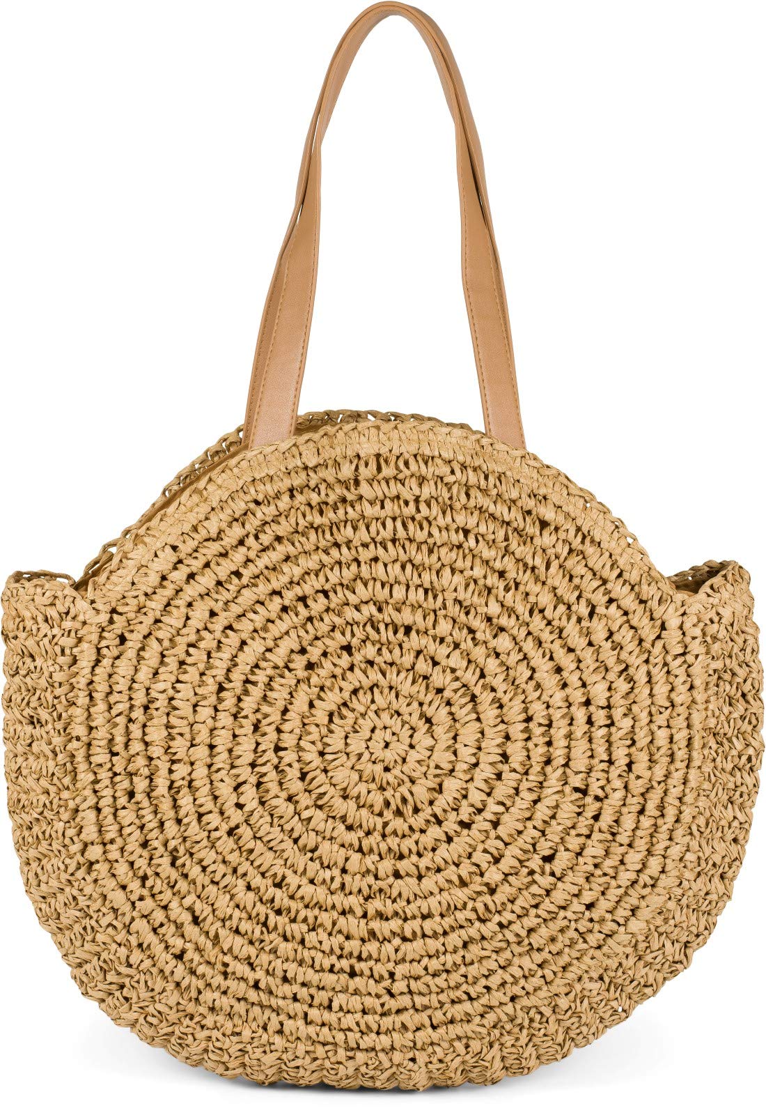 styleBREAKER Sac de plage rond en paille femme 42x46x13 cm | Grand compartiment tressé zippé 42x46x13 cm. Anses fixes en similicuir 54 cm pour un porté épaule confortable.
