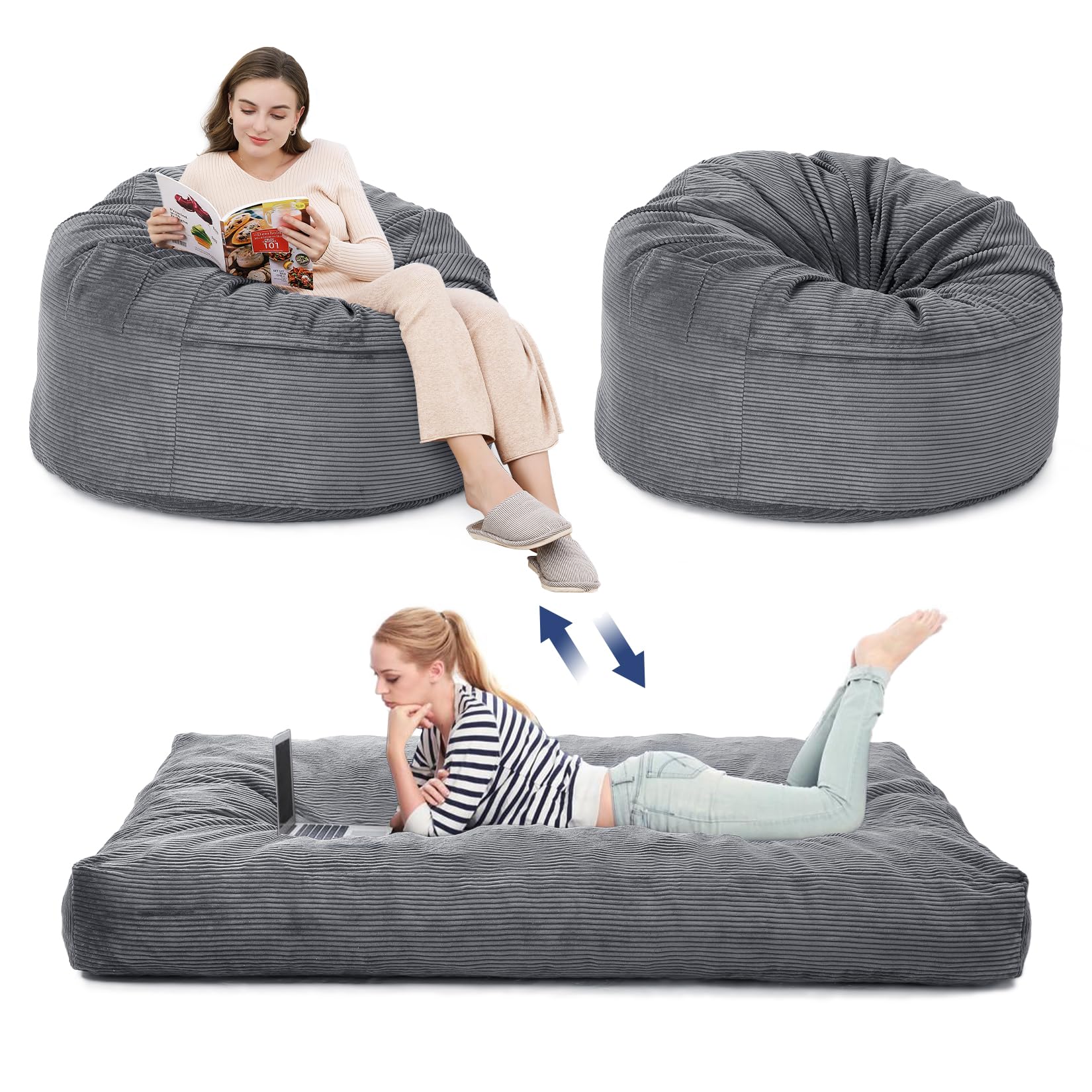 Sitzsack-Bett 200x150x25 cm, Umwandelbar Von XXL Sitzsack-Sessel Zu Bett, Mit Waschbarem Cordbezug, Komfortabler Schaumstoff-Füllung & Seitentasche, Für Wohnzimmer Schlafzimme Gaming, Hellgrau