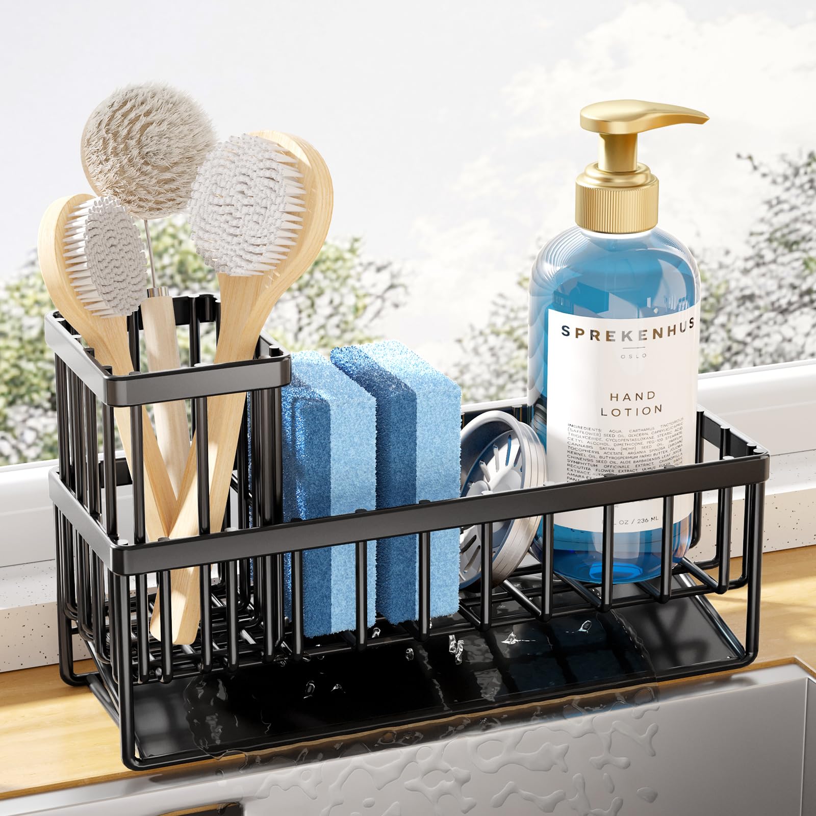 Kitsure Sponge Holder for Kitchen Sink - Rustproof Stainless Steel Sink Caddy Organization and Storage Essentials with High Brush Holder, Home Decor