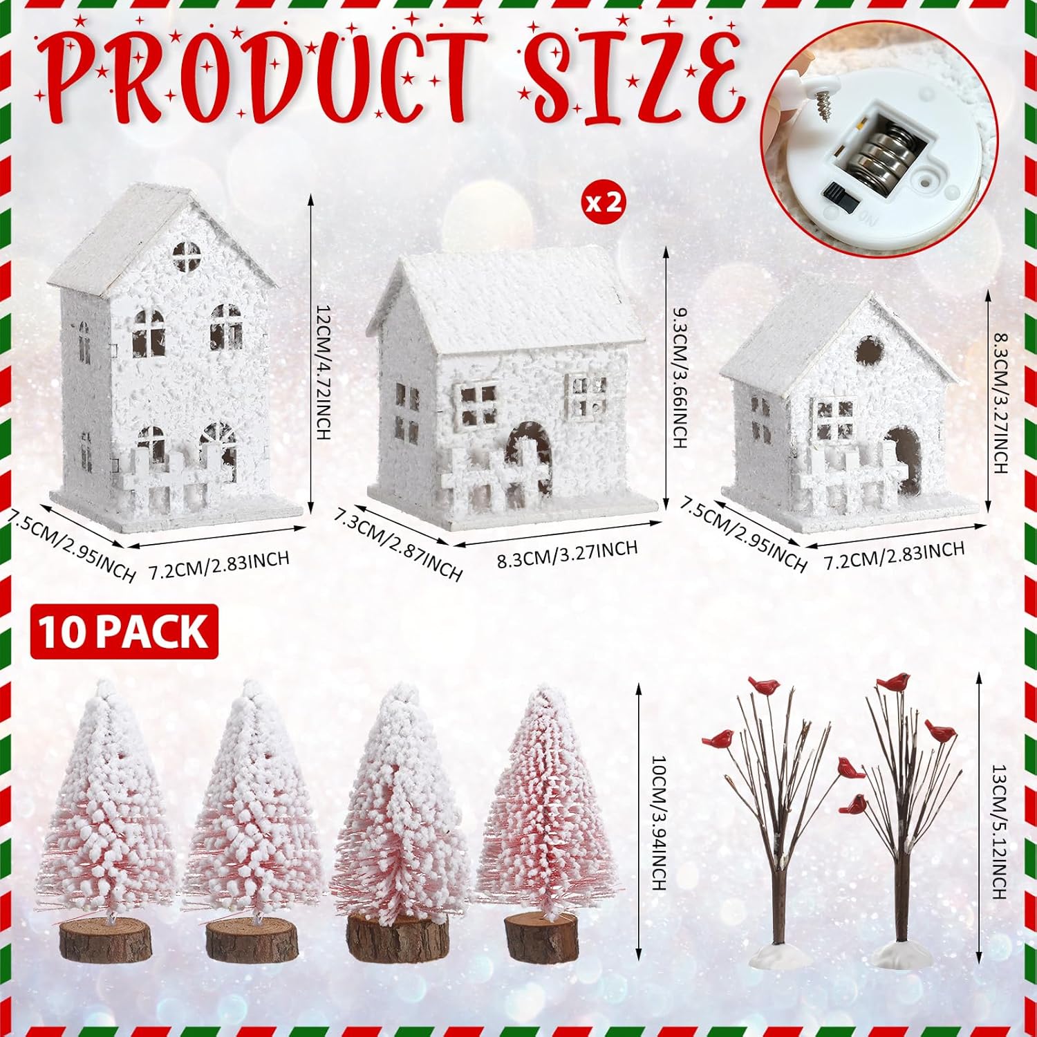 10 Pcs Pink Christmas Village Sets with Tea Light Christmas Decorations 4 Village Row House 4 Pine Trees 2 Decayed Tree Xmas Holiday Farmhouse Rustic Decor for Home Table Room - Image 2