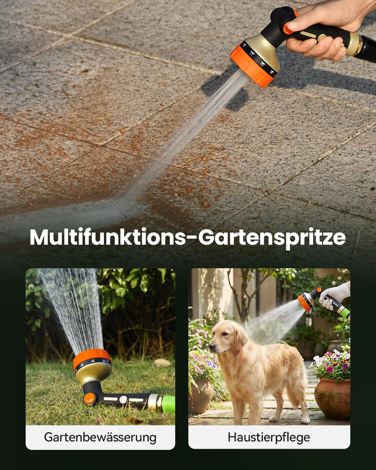 RAINPOINT Gartenbrause, Metall Garten Handbrause mit 10 Bewässerungsmuster, Mühelose Wasserfluss-Regelung, Hochdruck Gartenschlauch Spritze für Bewässerung, Autowaschen, Orange