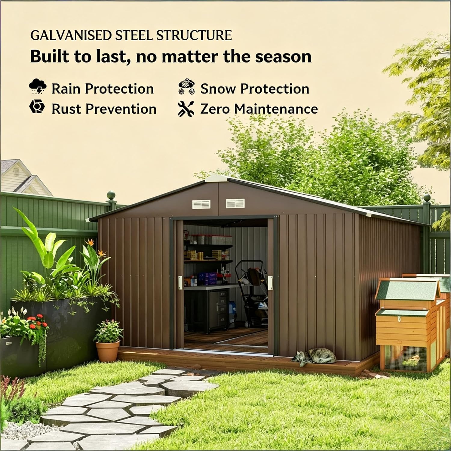 Metal Garden Shed with Double Sliding Doors, Galvanized Steel Outdoor Storage Shed for Tools and Equipment, Includes Foundation Kit for Easy Assembly