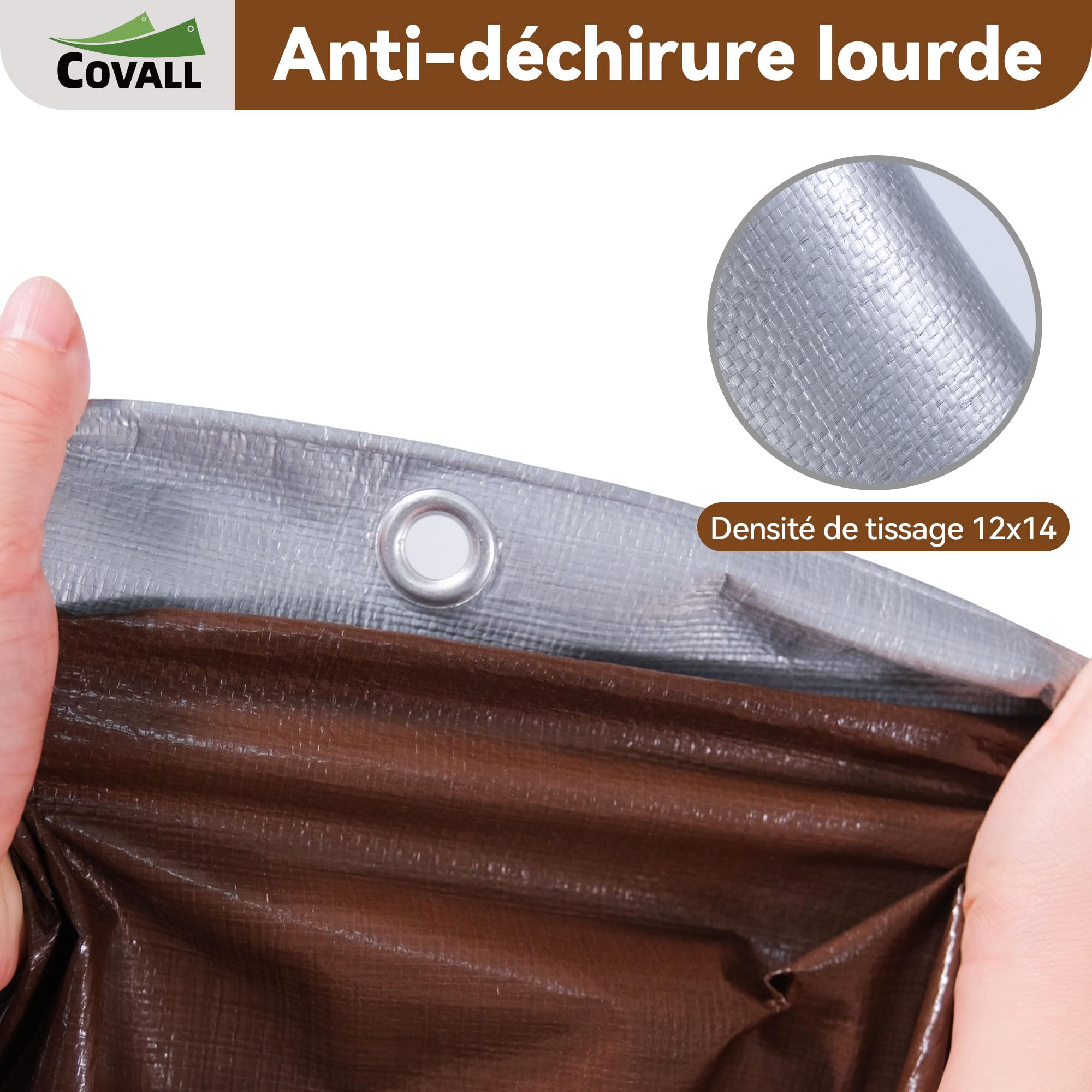 Bâche 1,5x2m 155g/m² Imperméable en Polyéthylène, Anti-UV | Polyéthylène haute densité, œillets soudés renforcés, anti-UV, résistante aux intempéries, jardin, camping (Argent/Marron)