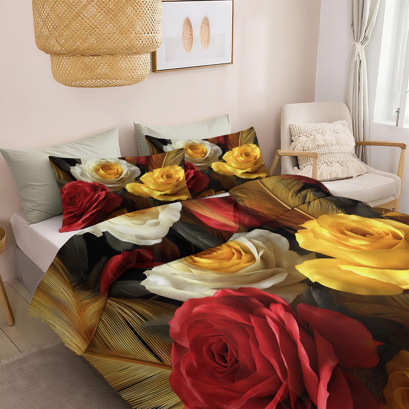 Copripiumino Matrimoniale Biancheria da Letto Morbida Antirughe, 3D Retro Fiori Rose Fantasia 200 x 200 cm, Parure Copripiumino con federe Sacco Piumone Camera Da Letto Per Bambini Giallo Scuro