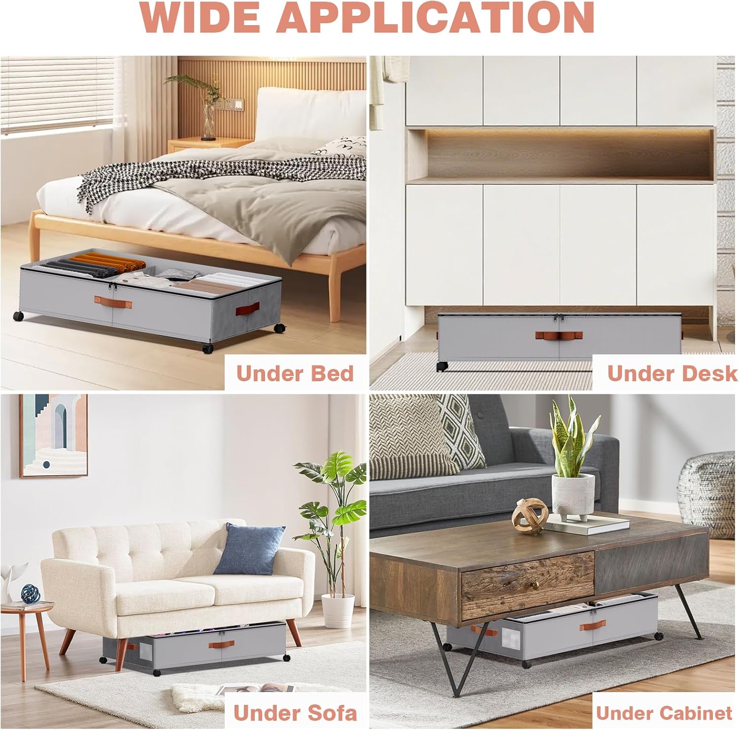 Under Bed Storage with Wheels & Dividers, Rolling Underbed Containers with PVC Clear Lid, 600D Oxford Fabric, PU Leather Handles, Adjustable Magic Tape Partition, XXL 66L, 2 Pack (Grey)