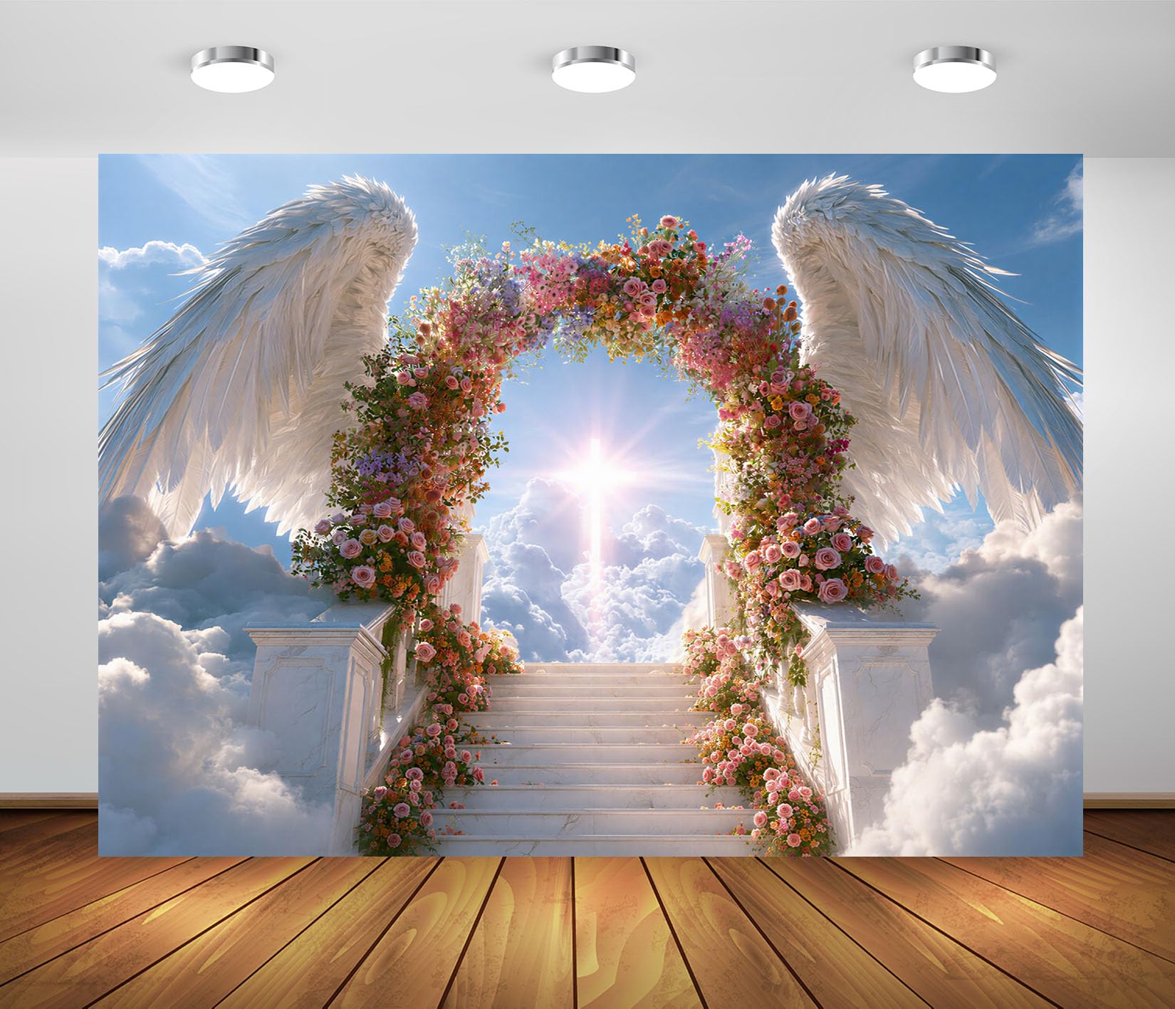 BELECO 3x2m Sfondo in tessuto Scala Verso Il Cielo Ali D Angelo | Arco Floreale Croce Luminosa Cielo Sfondo Decorazioni di Festa Striscia Accessori Fotografia