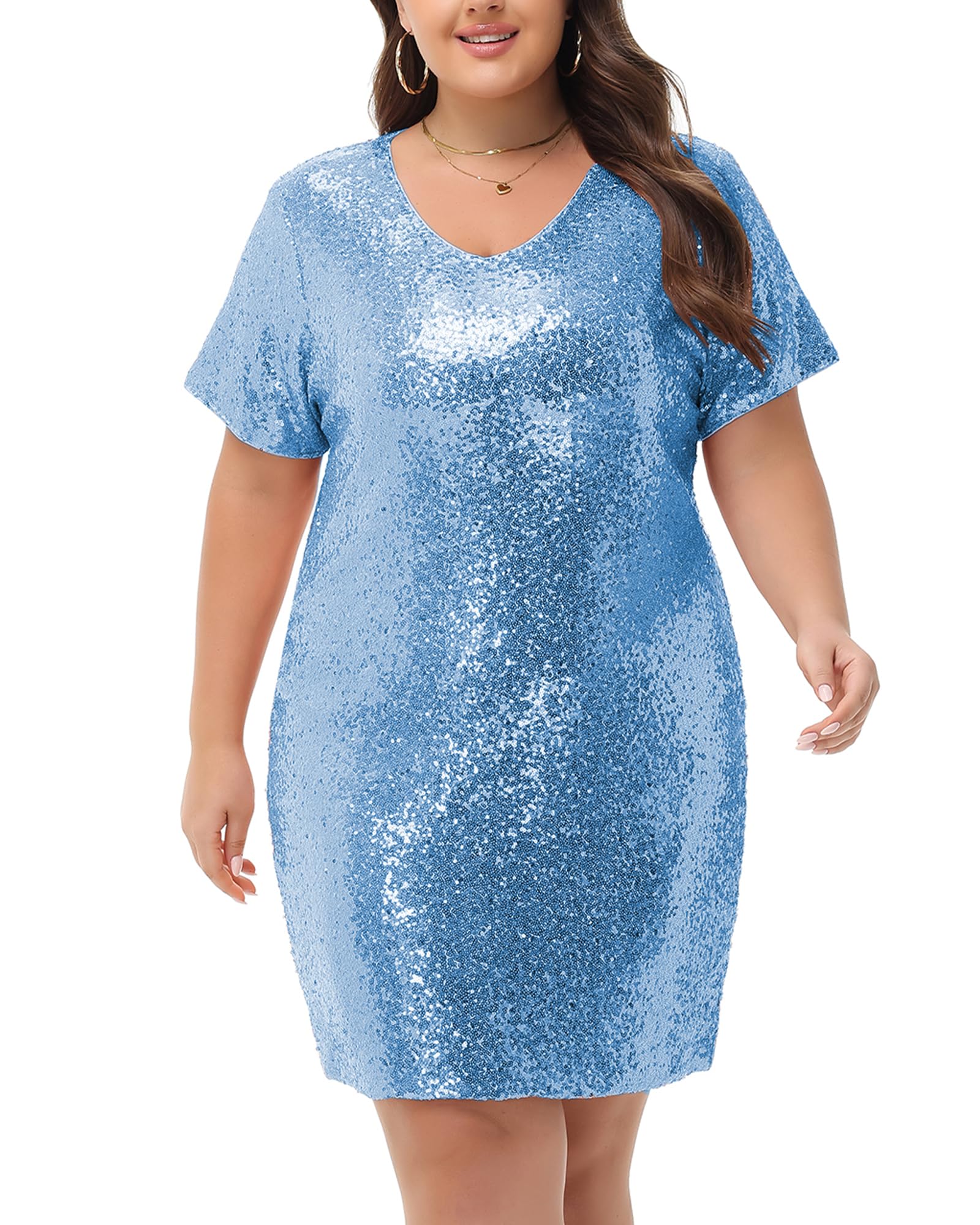 Anna-Kaci Women's Plus Size Short Sleeve Sequin Dresses V Neck T Shirt Shift Sparkle Dress