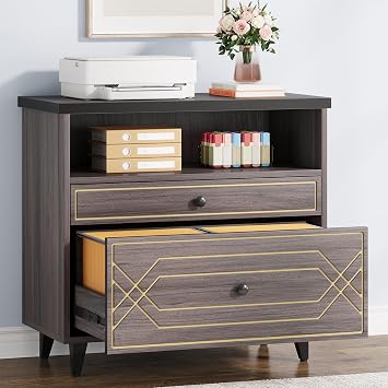 2-Drawer Lateral File Cabinet with Shelf, Gray Brown | Filing Cabinet for A4/Letter/Legal Size File, Modern Industrial Office Storage Cabinet Printer Stand for Home Office